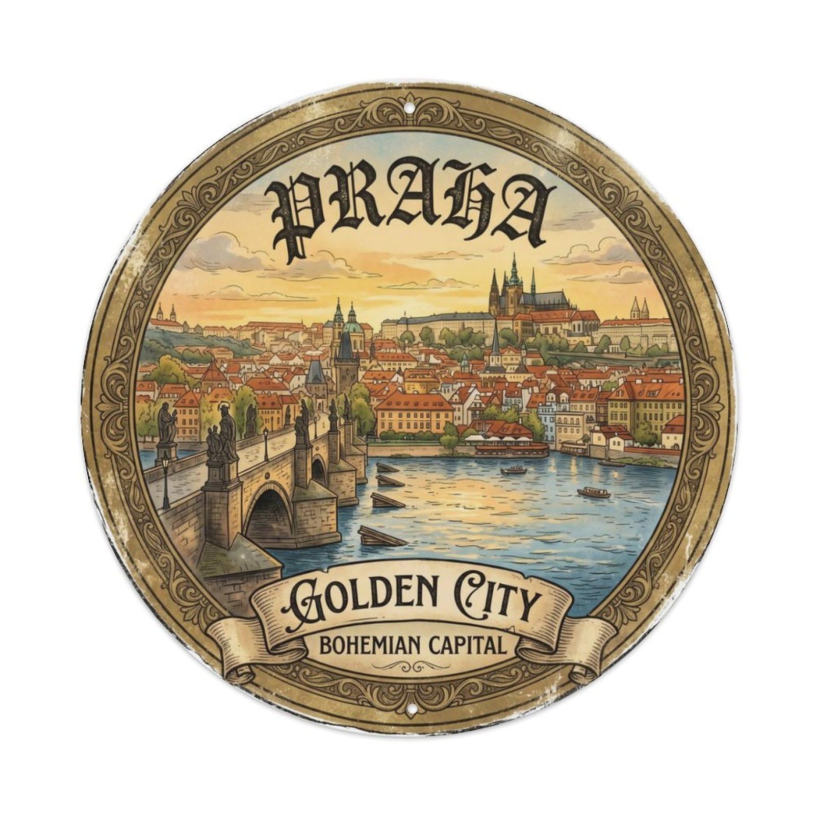 Vintage Travel Prague Charles Bridge Metal Tin Sign Plaque Wall Decor for Cafe, Club, Garden Round Metal Poster 8x8Inch