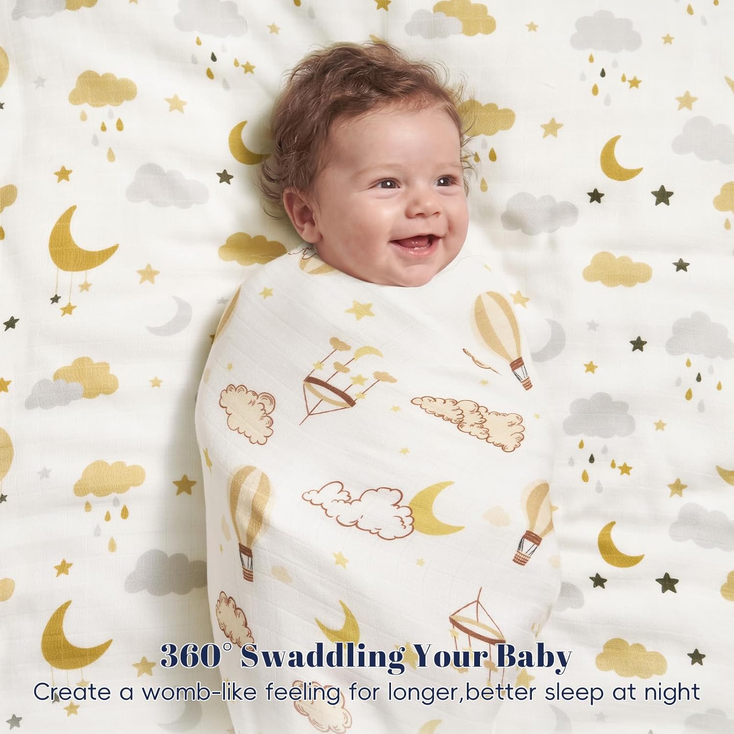 PHF Muslin Swaddle Blankets for Newborn, 4 Pack Organic Soft Breathable Receiving Blankets, Large 47x 47 Inches, Skin-Friendly Muslin Baby Swaddles, Baby Essentials Shower Gifts, Cloud & Air Balloon
