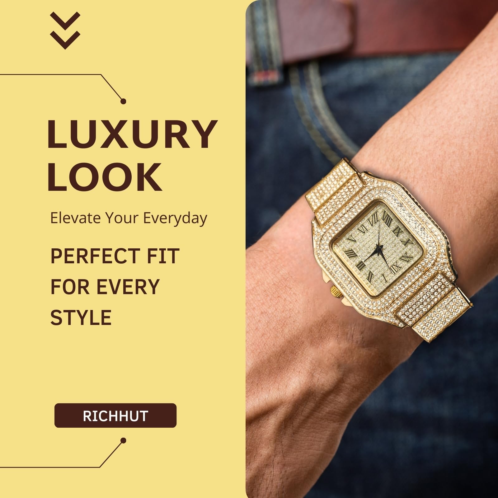 Reloj de diamantes para hombre y hombre, esfera cuadrada, pulsera de 20 mm de ancho, chapado en oro real/oro blanco de 18 quilates, chapado en platino, con juego de cadena de tenis opcional