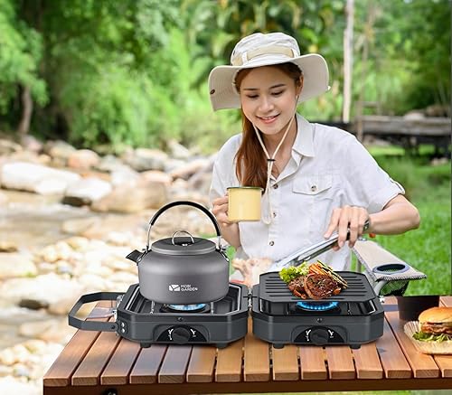 Miniatura 9 de Nice C Estufa de campamento, estufa portátil de propano para campamento, estufa de propano de 2 quemadores con parrilla, estufa de campamento,