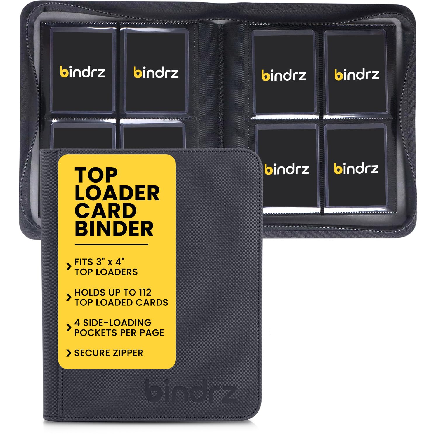 bindrz Raccoglitore a 4 tasche con caricamento superiore, contiene 112 Toploader - Formato da viaggio sicuro per archiviazione, tasche laterali per CCG TCG MTG e carte sportive in supporti di plastica