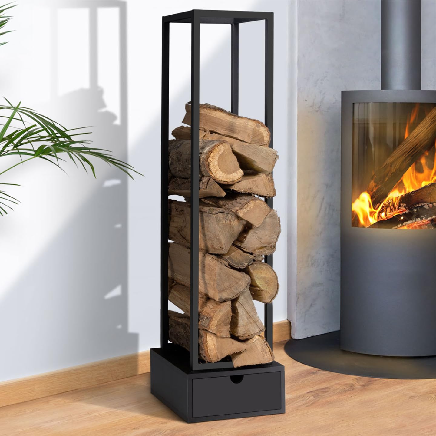 IDMarket - Range bûches Vertical Acier Noir H. 125 CM avec tiroir pour cheminée