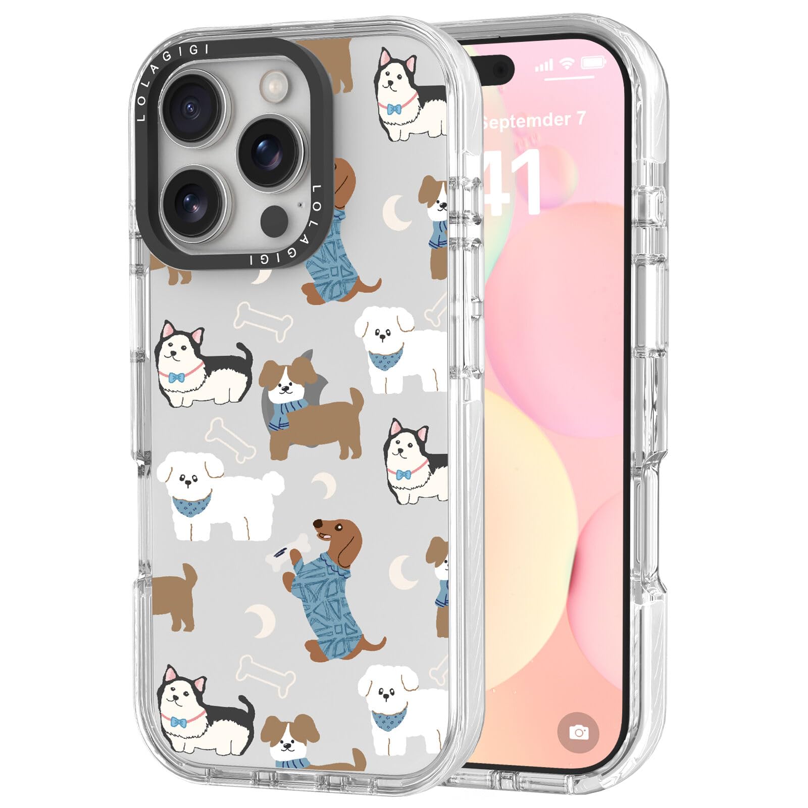 LOLAGIGI Case for iPhone 16 Pro, Cute White Brown Puppy Funny Dachshund Dog Kawaii Design Girly Aesthetic Cartoon Pattern for Women Girls Teens