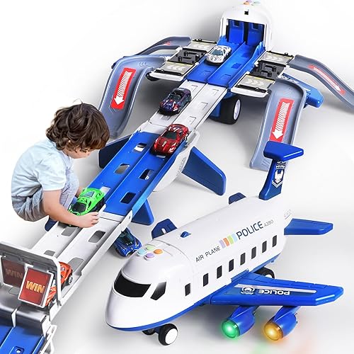Miniatura 7 de Juguete de avión, pista de carreras para niños, plegable de 4 capas, juego de pista de coche para niños pequeños, transporte de avión de juguete y 6