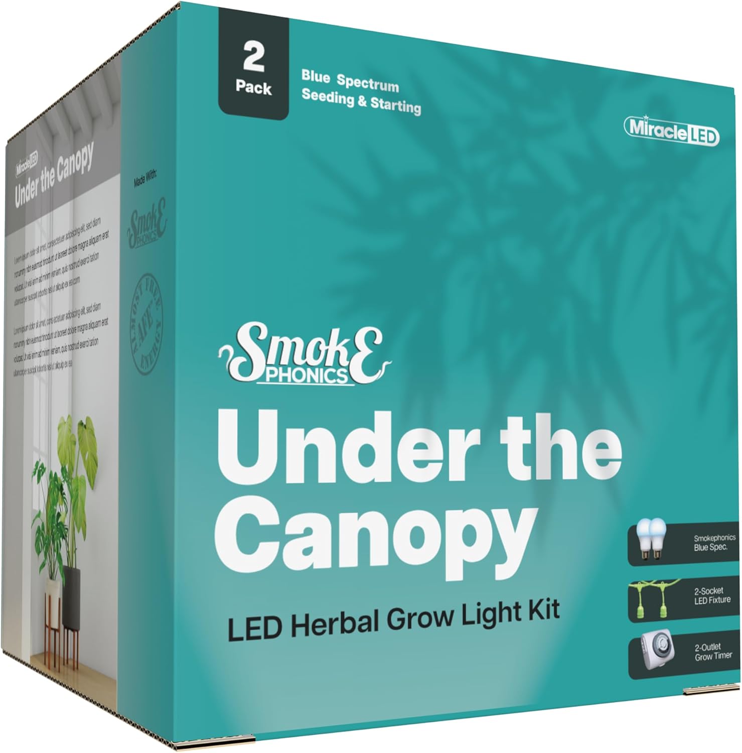 Miracle LED Smokephonics Under The Canopy Indoor Grow Light Kit - Double Plant Yield - Blue Spectrum 150W Replacement Grow Bulbs & 2-Socket Corded Fixture with SproutMatic Timer (2-Pack)