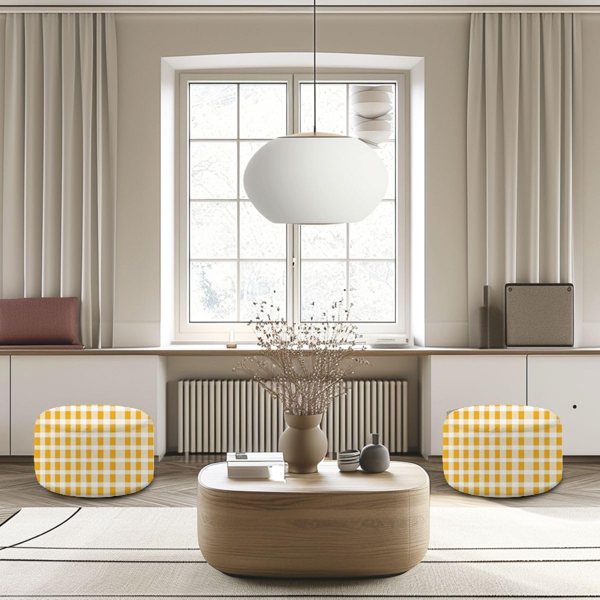 Round Pouf Ottoman Yellow gingham pattern Autumn Thanksgiving day textile print for Foot Stool Foot Rest Floor Stool Bean Bag Chair Cotton Linen Removable Indoor Outdoor for Living Room Bedroom