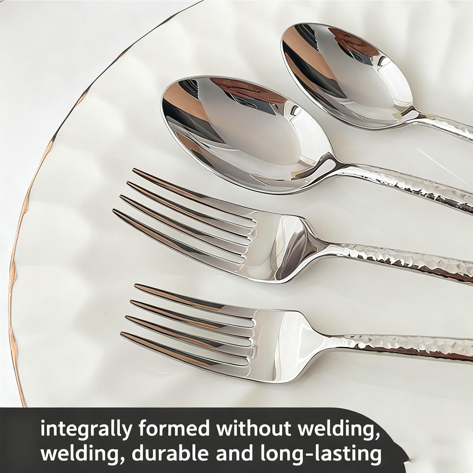 Set de Cubiertos de Acero Inoxidable Martillado de 5 Piezas - Vajilla Individual con Cuchillo, Tenedor y Cucharas - Utensilios Plateados Pulidos para Comer en Casa, Esenciales de Cocina