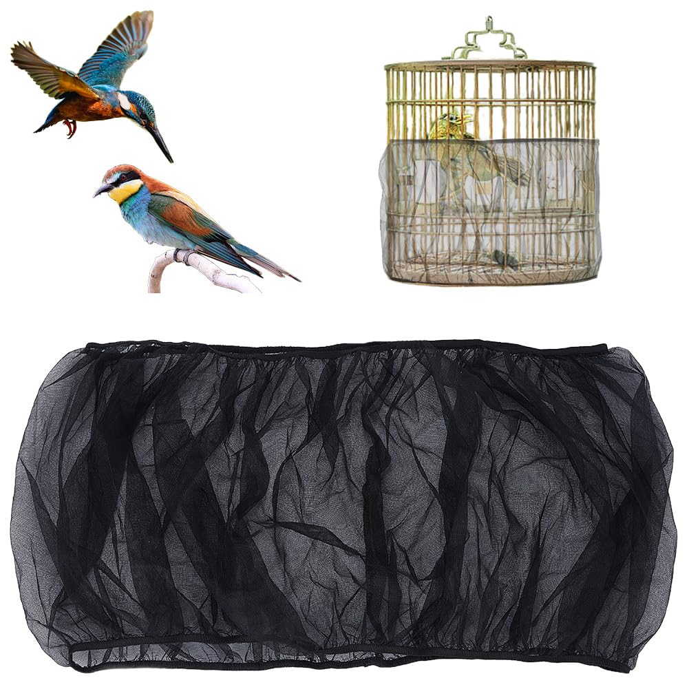 CREATCABIN Black Bird Cage Seed Catcher Bird Cage Net Cover Stretchy Form Fitting Mesh Skirt Cover Adjustable Universal Seed Catcher Guard Net Cover Gauze Birdcage Cover for Round Square 55~87x12Inch