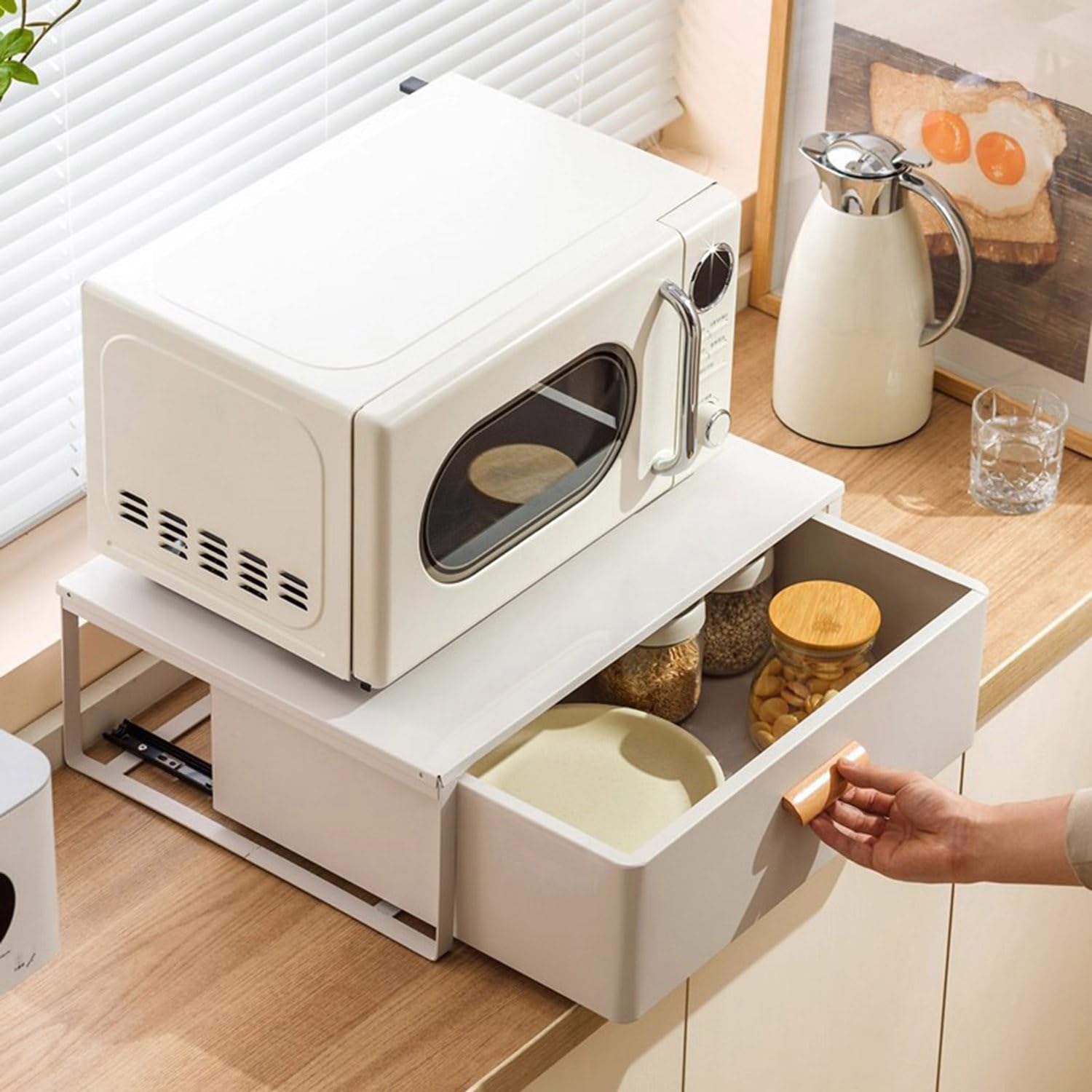 Soporte de acero para microondas con cajones extraíbles, organizador de encimera para microondas compactos, estación de café y almacenamiento de electrodomésticos de cocina, color blanco (50 cm)