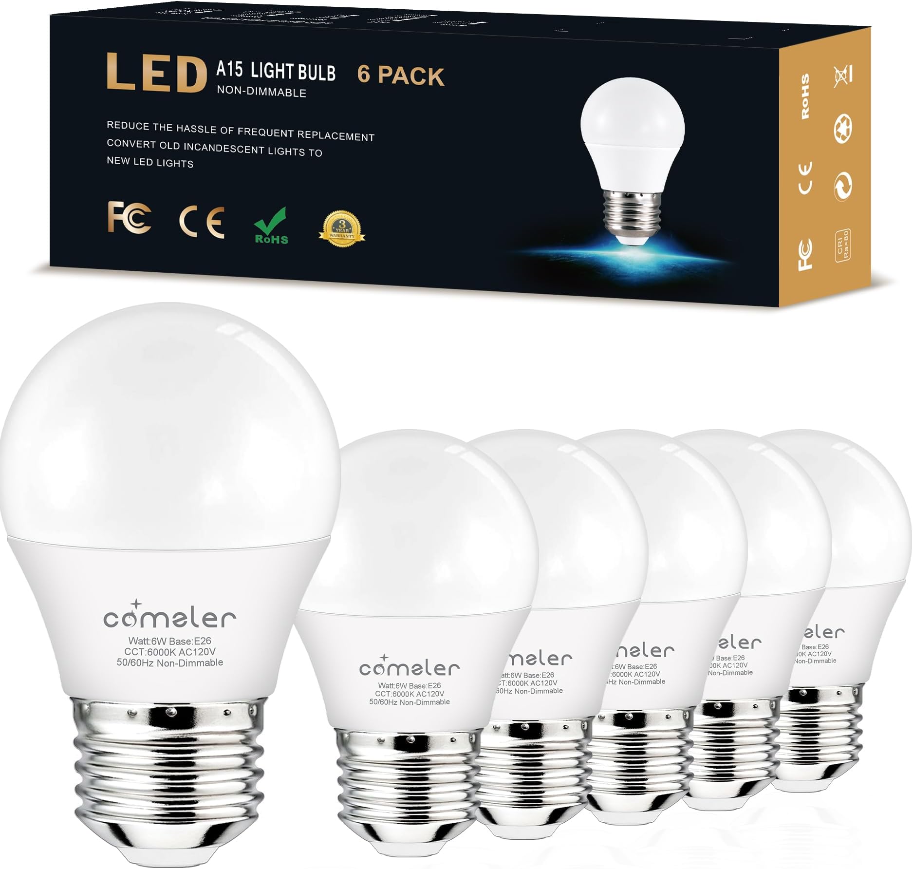 comzler Ceiling Fan Light Bulbs E26 LED Bulb, 6000K Cool Bright Daylight, 60 Watt Equivalent Appliance Light Bulb, A15 Small Light Bulb for Light Fixture, Eye Protection, 120V, 600LM, CRI 85+, 6 Pack