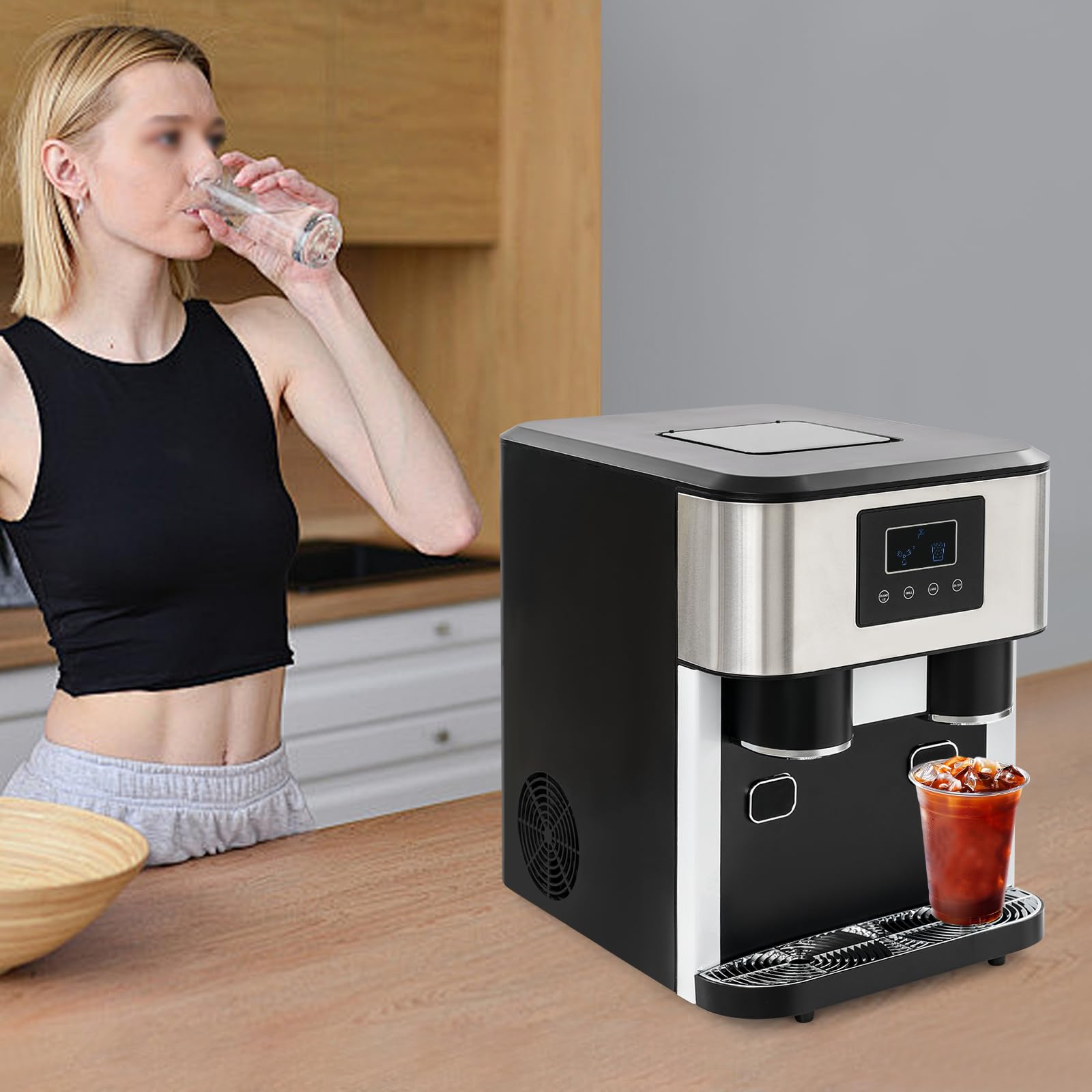 Macchina per ghiaccio 3 in 1, multifunzione, da tavolo, 240 V, con finestra di visualizzazione, cubetti di ghiaccio, ghiaccio tritato, acqua fredda, ciclo di 7-9 minuti, display LCD, in acciaio inox