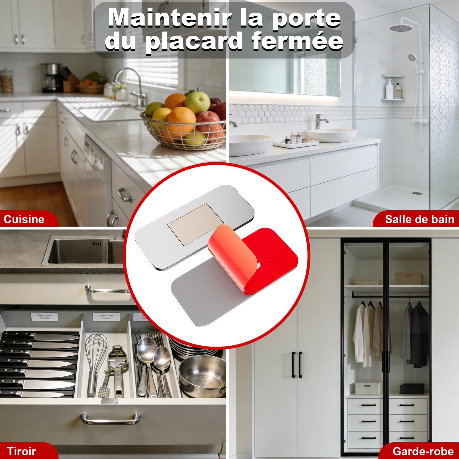 PHIXBEAR Aimant Porte Placard Ultra Mince Sans Perçage - Lot de 4 Loqueteau Magnétique Adhésif Puissant en Acier Inoxydable pour Cuisine, Armoire, Tiroir, Camping-Car - 40x20mm