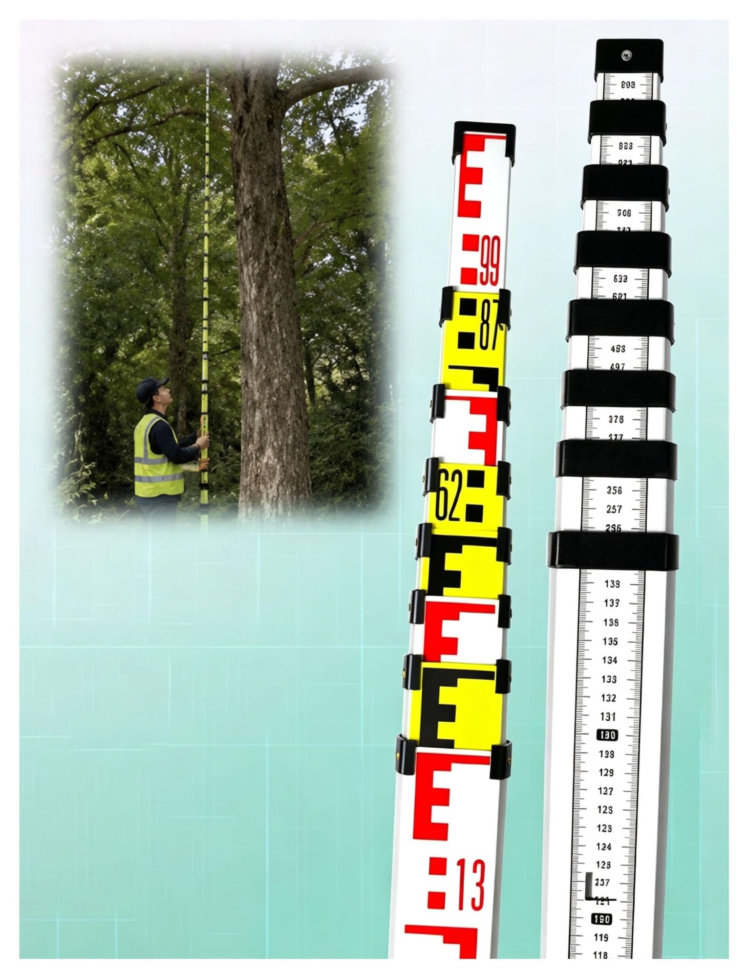 Vara de medición telescópica de Aluminio (10 m, Escala de 1 mm) para topografía y construcción.