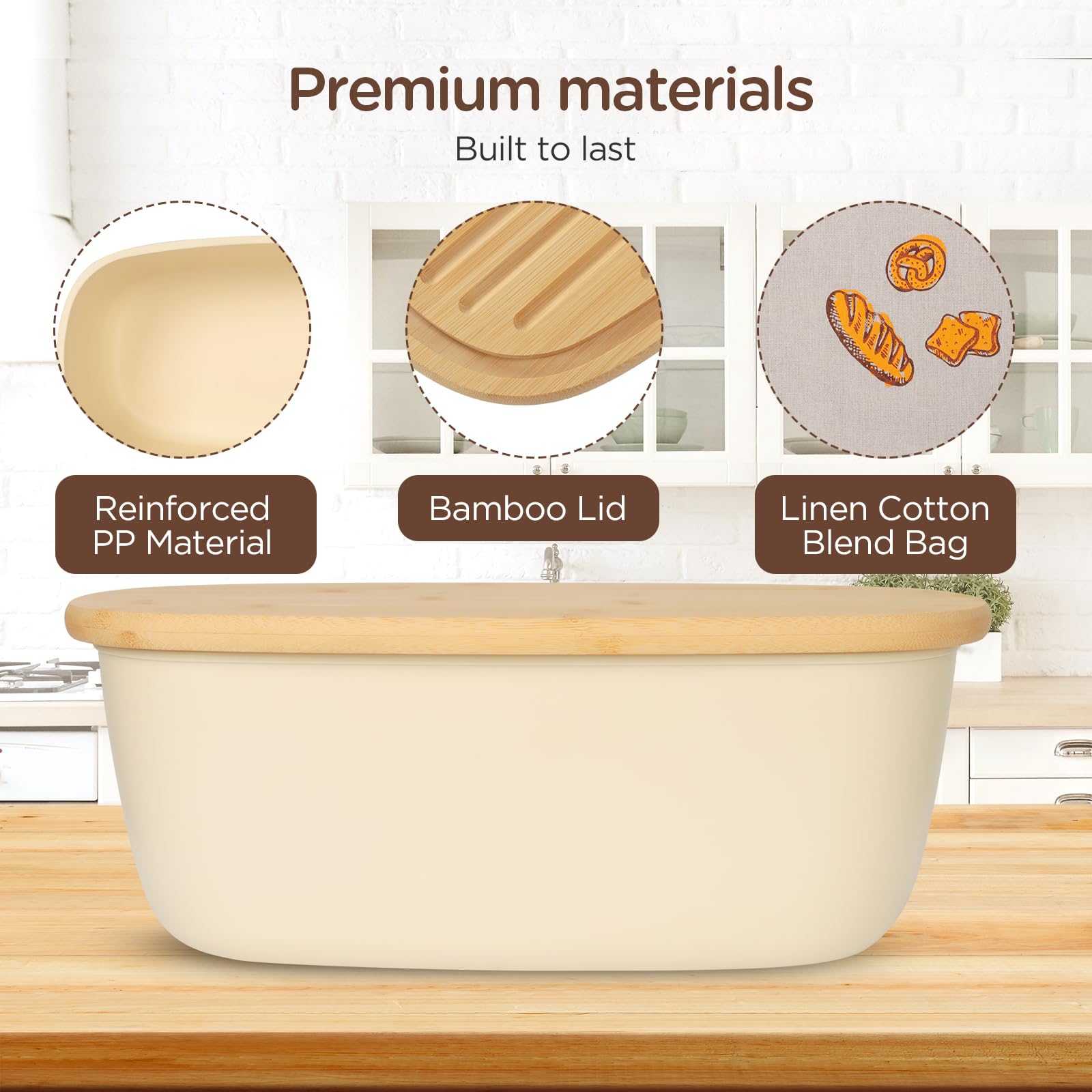 VINATO Scatola per Pane in Plastica con Coperchio in Bambù, 6L - Portapane con Sacchetto in Cotone, Bread Box