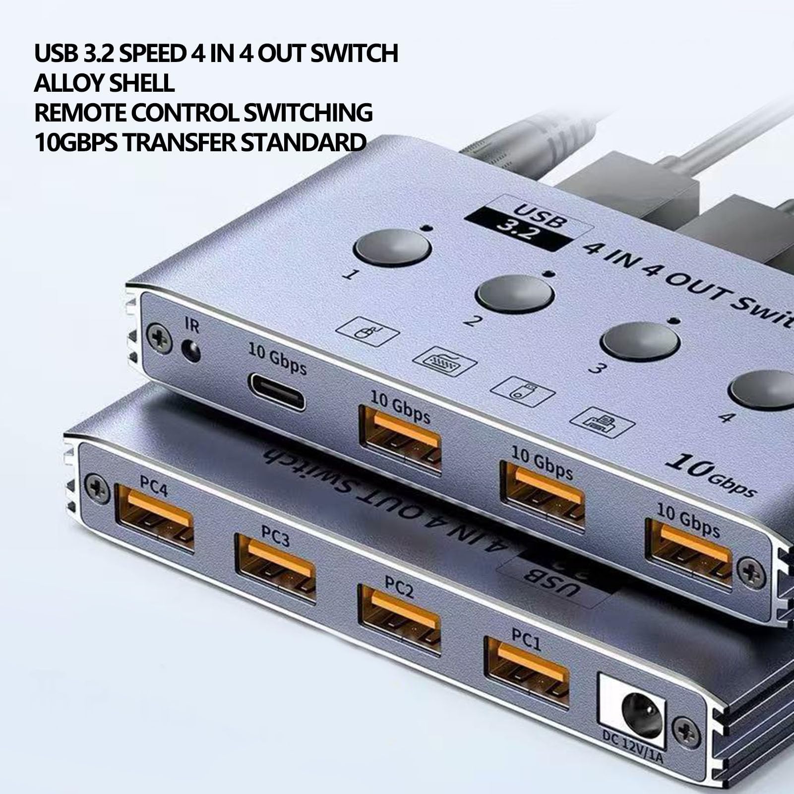 Fabater USB 3.2, 4 Komputery, 4 Urządzenia, 4Port Selektor Przełącznika USB, 10 Gb/s, Udostępnianie Danych Klawiatura Mysz Drukarka Skaner z Kablem i Pilotem (wtyczka UE)