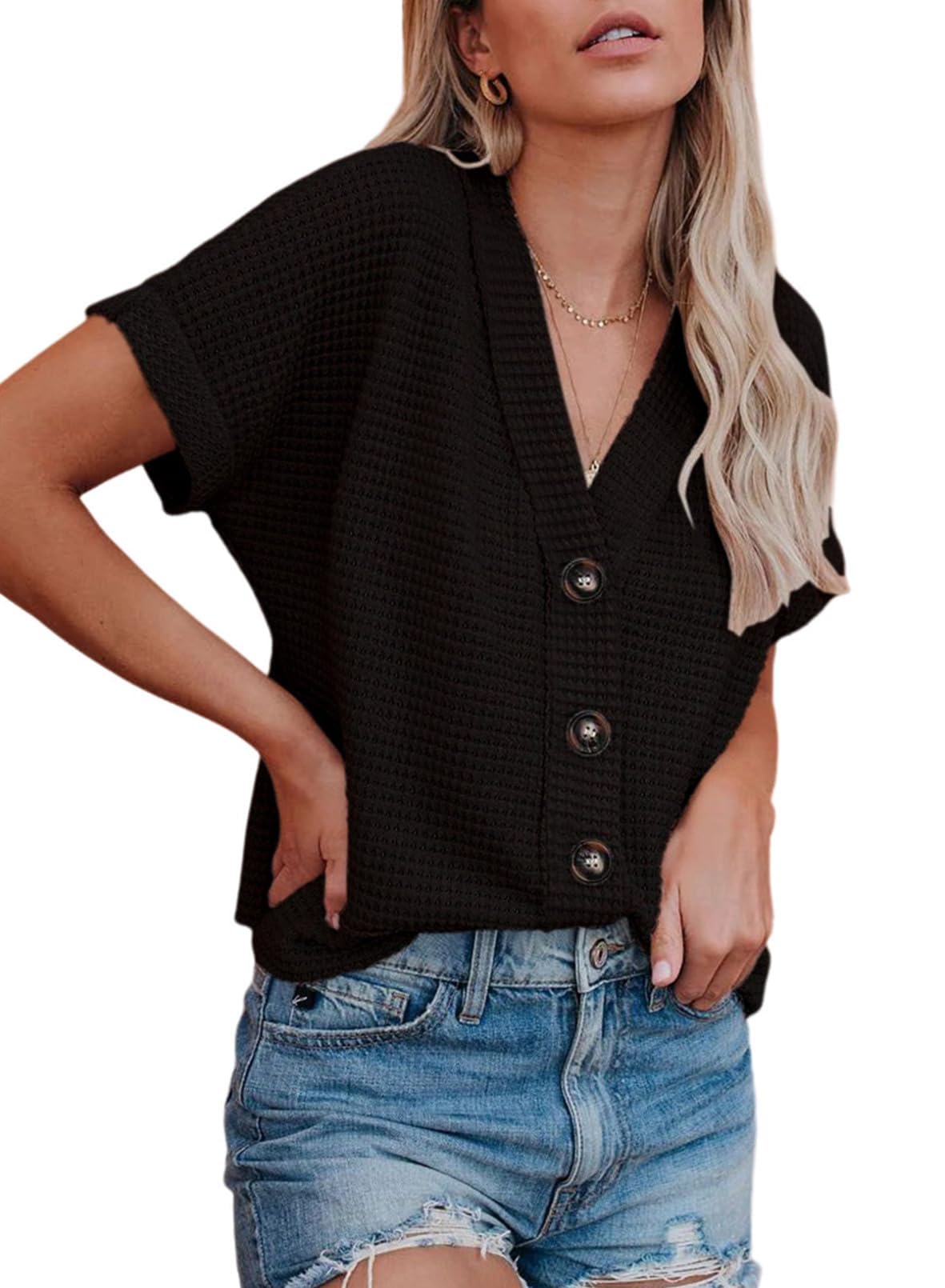 Dokotoo Womens Summer Tops 2025 Waffle Knit Button Down Shirts Casual V Neck Short Sleeve Shacket Jacket Dressy Blouses