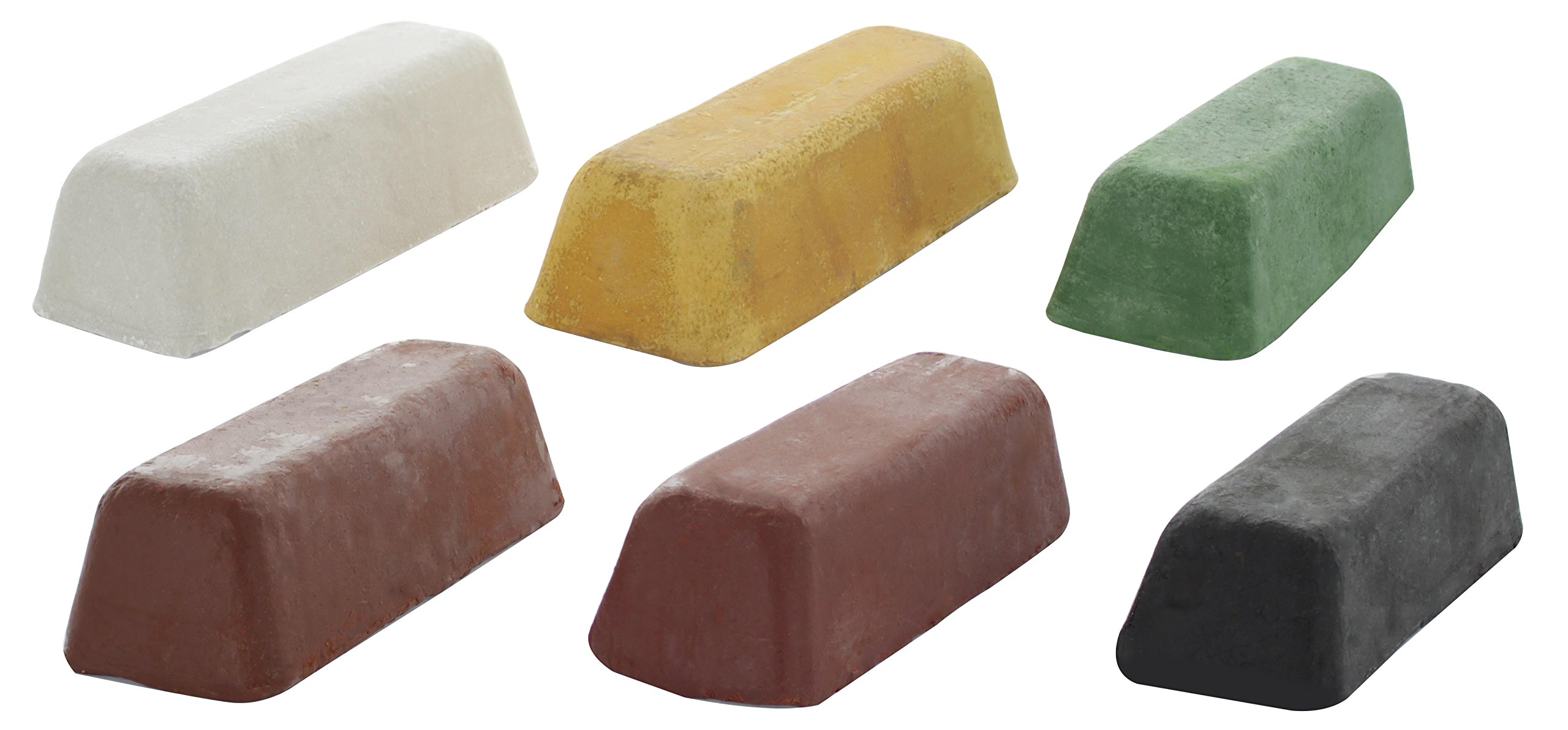 6 Piece Polishing Compound Kit for All Kinds of Metals - Set Includes: Lustre Buffing, Quality, Quality Special, Green, Brushing Emery & White Compounds.
