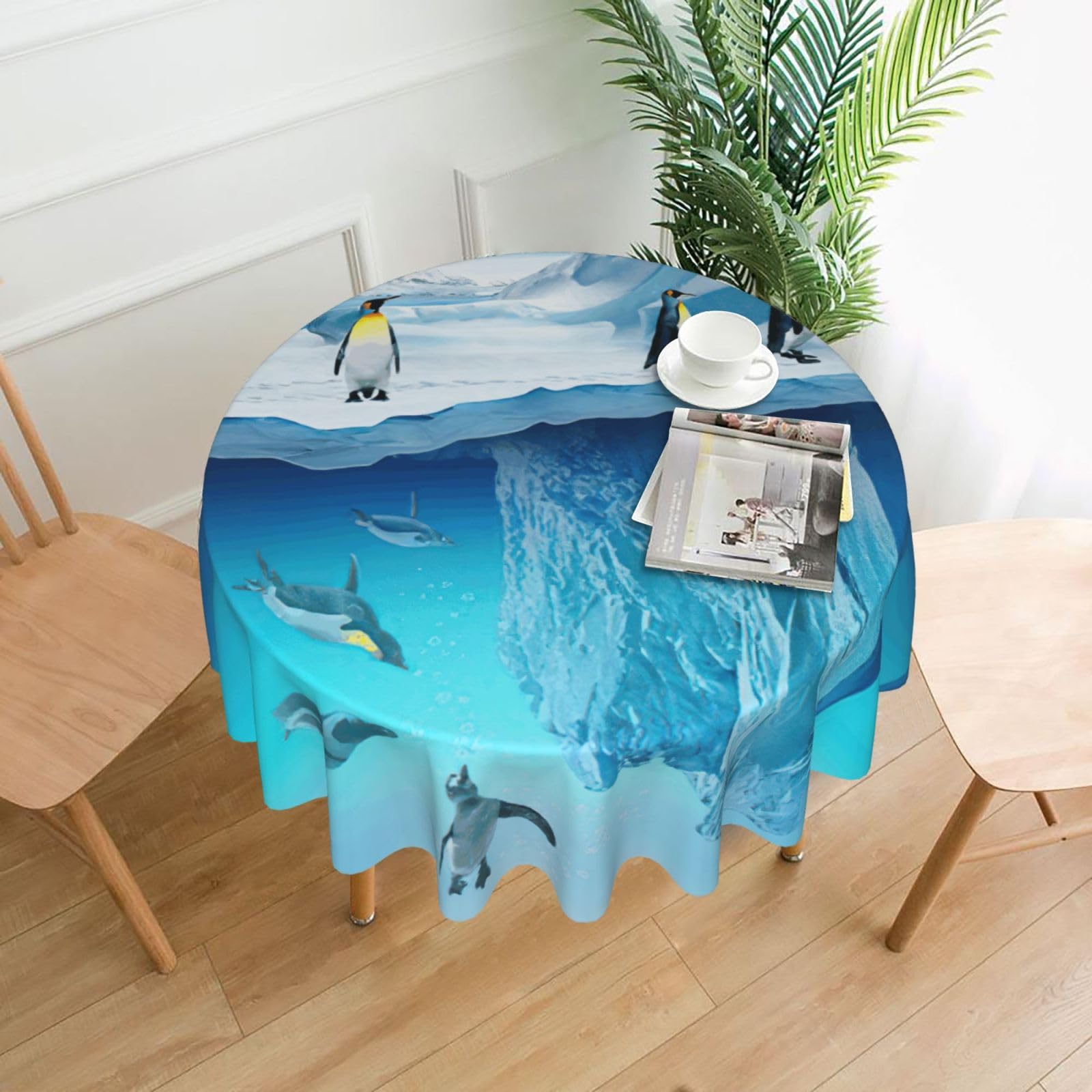Uusnwaa Penguins On The Iceberg Print Round Tablecloth 60 Inch, Stain Wrinkle Resistant Washable Polyester Table Cover For Kitchen Party