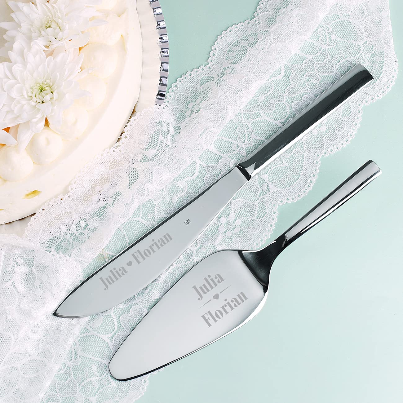 Herz & Heim® WMF Tortenheber und Tortenmesser zur Hochzeit mit Gravur Herz