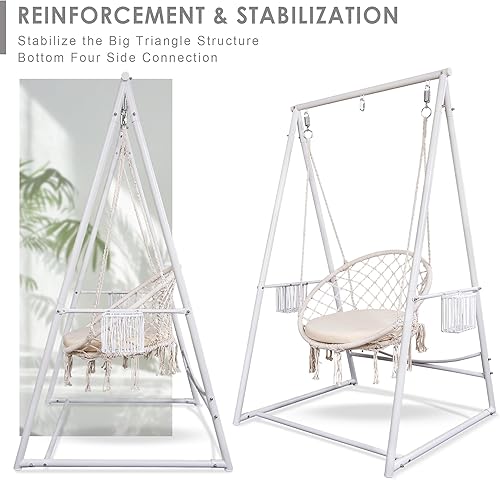 Miniatura 5 de Hamaca de macramé con cojín y soporte colgante de estructura sólida reforzada, incluye 2 cestas de almacenamiento y 3 ganchos para interior y