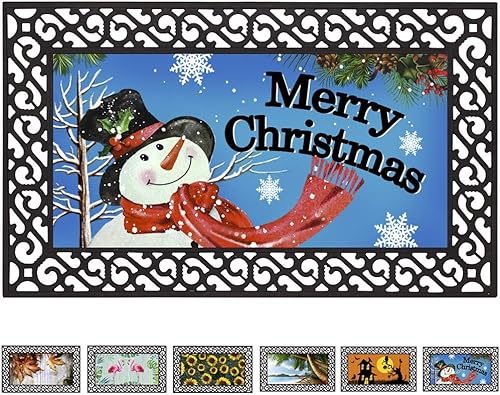 Attraction Design Snowman Christmas Doormat, 17.7" x 29.5", Polyethylene + Rubber, Non Slip, Water Resistant, Low Profile, Indoor/Outdoor