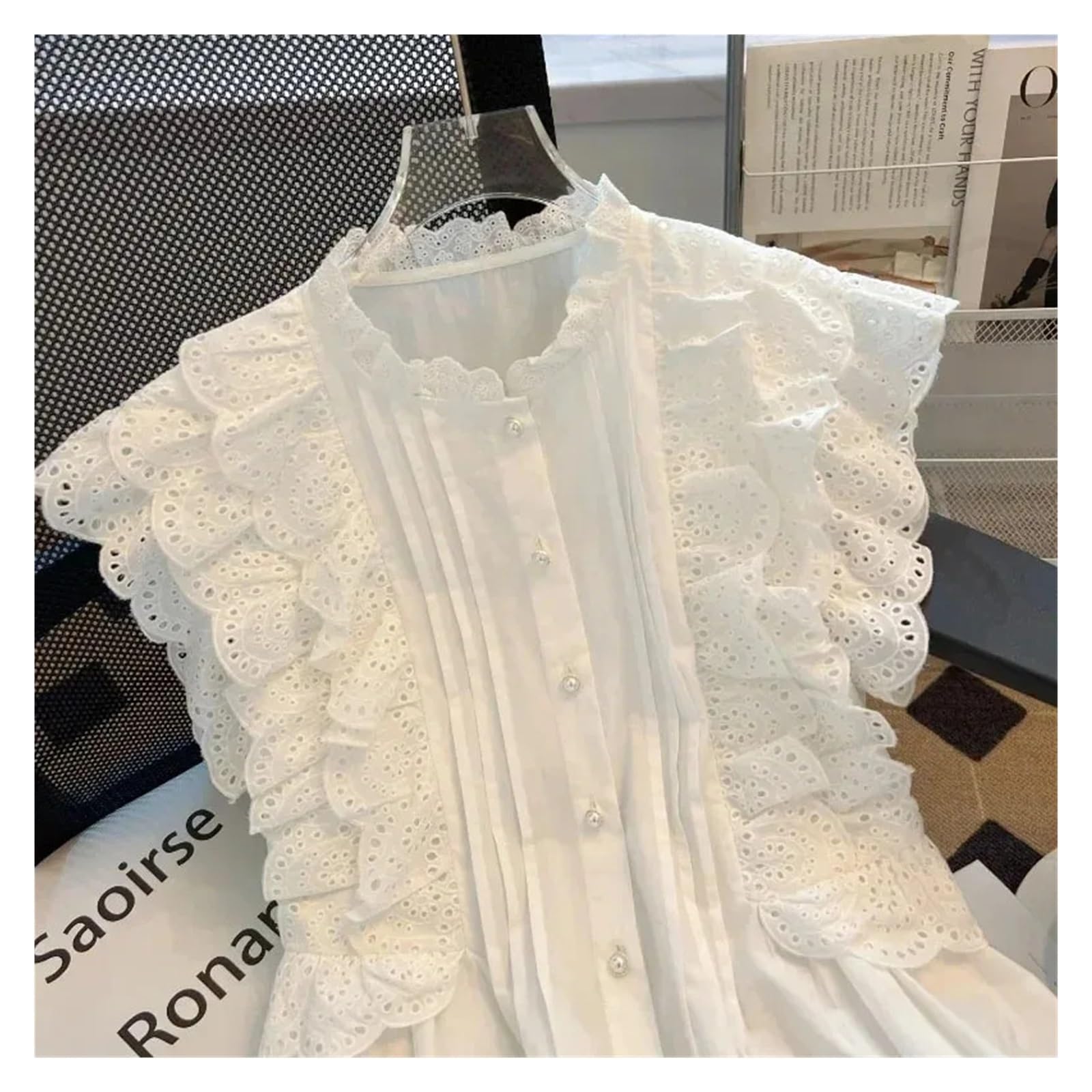 Camisola Entallada Mujer Blusa de Verano con Encaje Dulce for Mujer, Cuello Redondo, Chaleco con Volantes, Elegante Blusa sin Mangas, Informal, Blanca, for Mujer