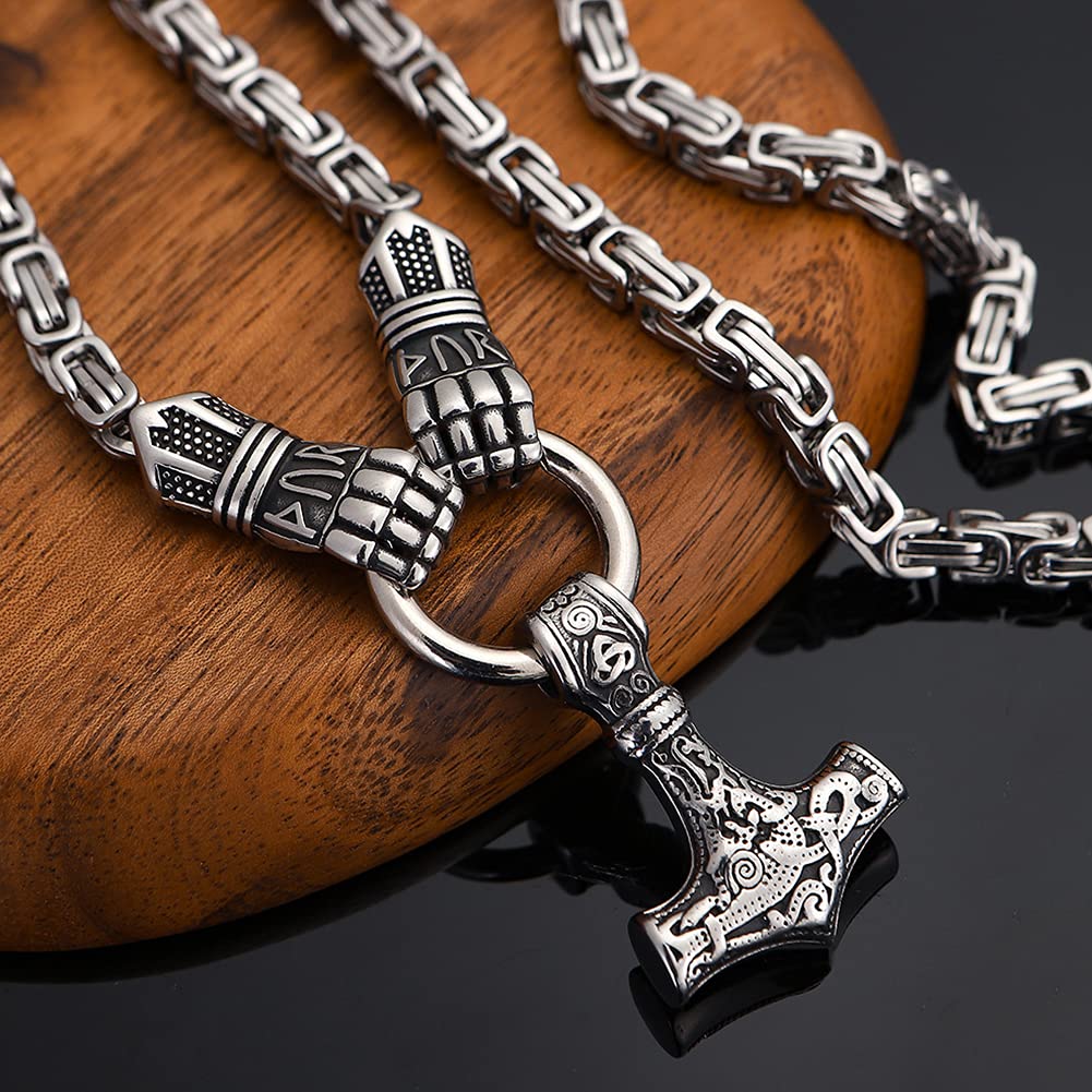 YABEME Männer Wikinger Thor Hammer Halskette Mjolnir Anhänger Symbol Große Amulett Talisman Schmuck Hochleistungs Edelstahl Kette Faust Link