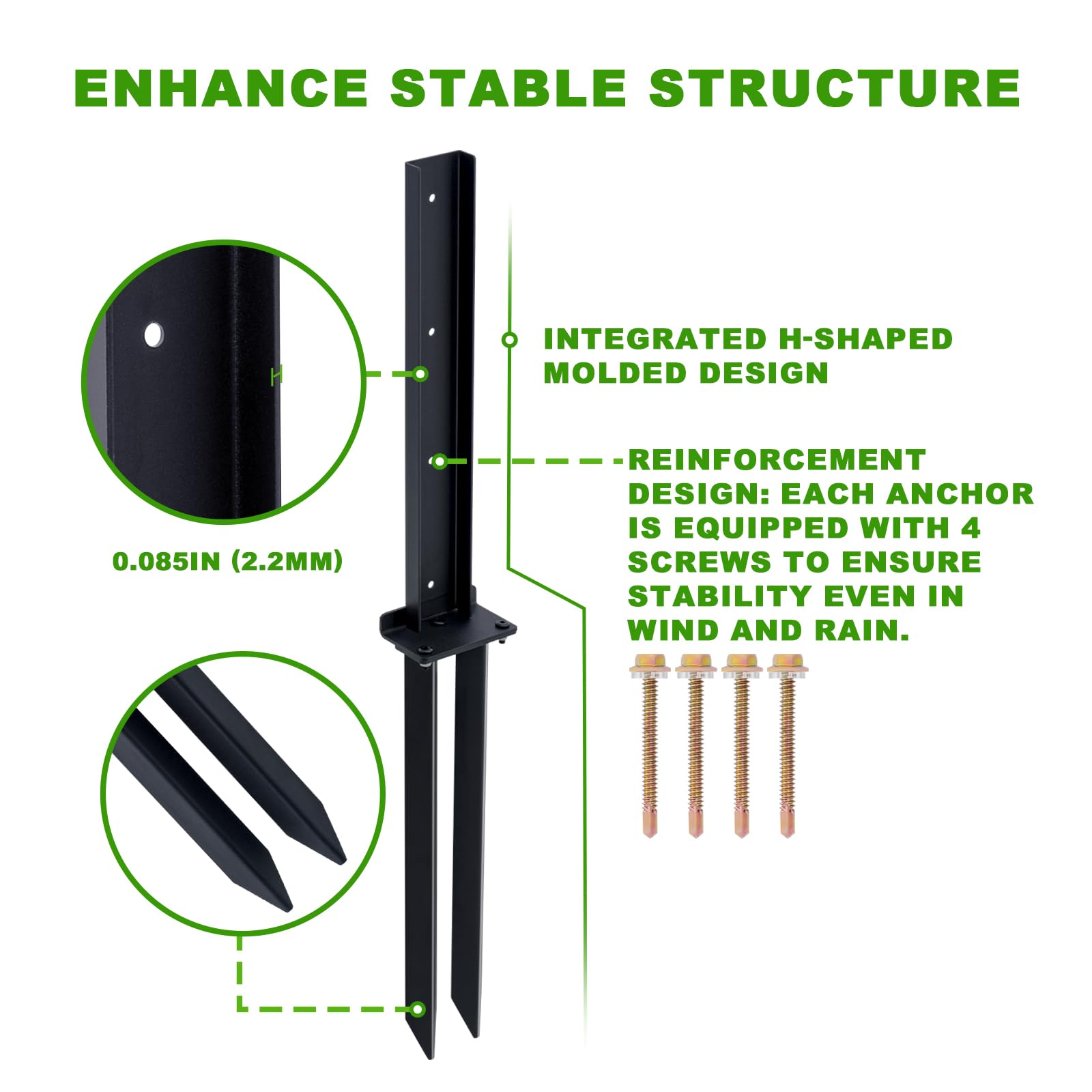 Estacas de reparación de postes de valla de acero resistente, estacas de anclaje para postes de madera, postes inclinados/rotos (paquete de 4/negro)