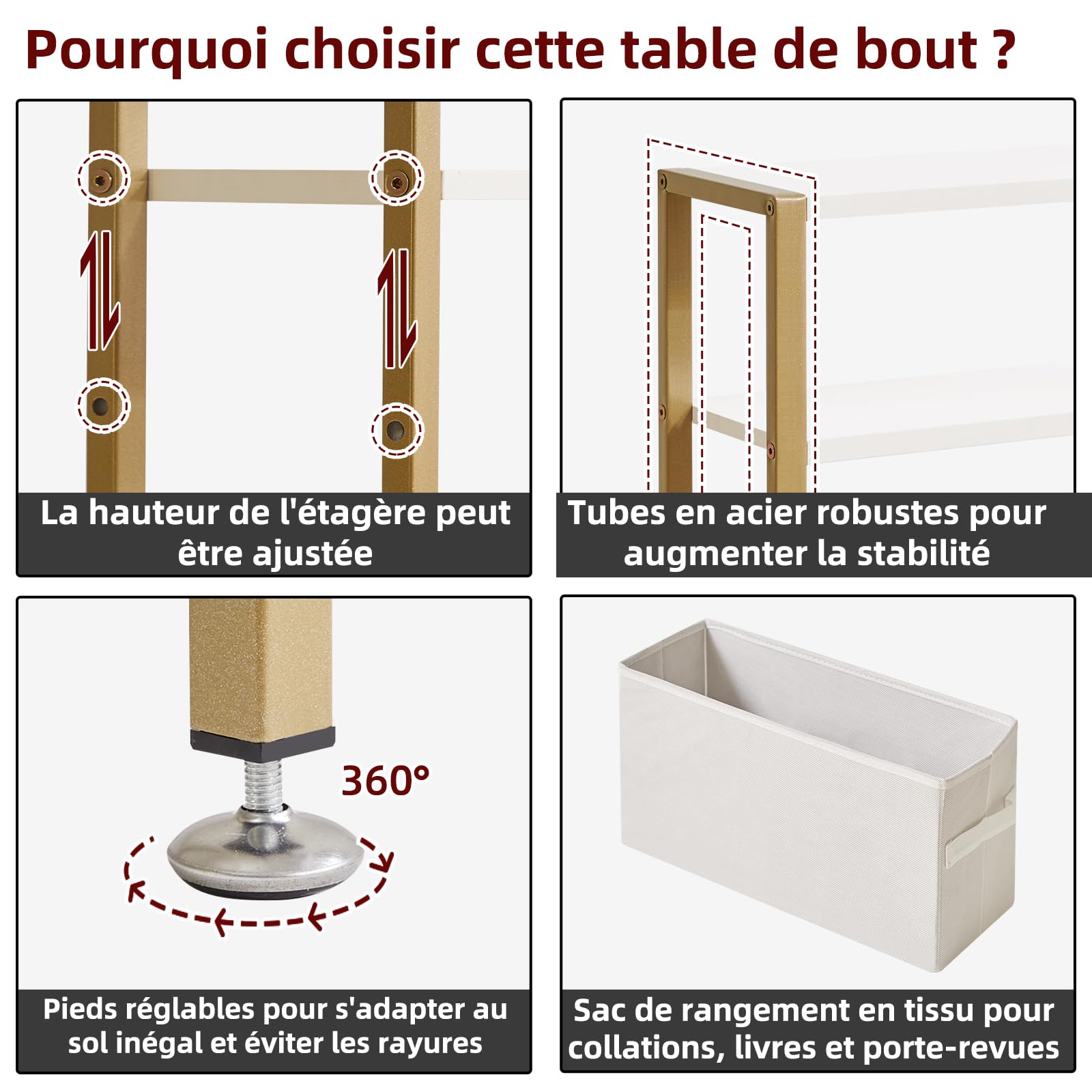 Aibiju Table D'appoint Étroite, Table D'appoint Fine à 3 Niveaux avec Panier en Tissu, Table de Canapé Moderne pour Espaces Étroits et Petits, avec Cadre en Métal Doré, Blanc YD-TM052J