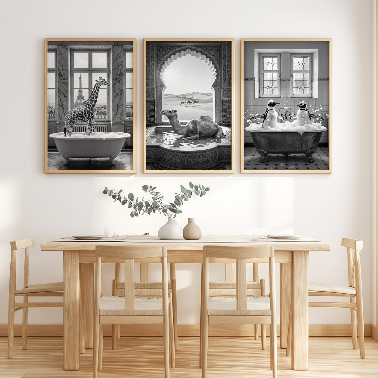 Duży krajobraz 3 sztuki druk na płótnie 42 x 59,4 cm, fantazyjne zwierzęta sztuka ścienna plakaty retro żyrafa wielbłąd pingwin kąpiel zabawna dekoracja do sypialni, salonu, kuchni