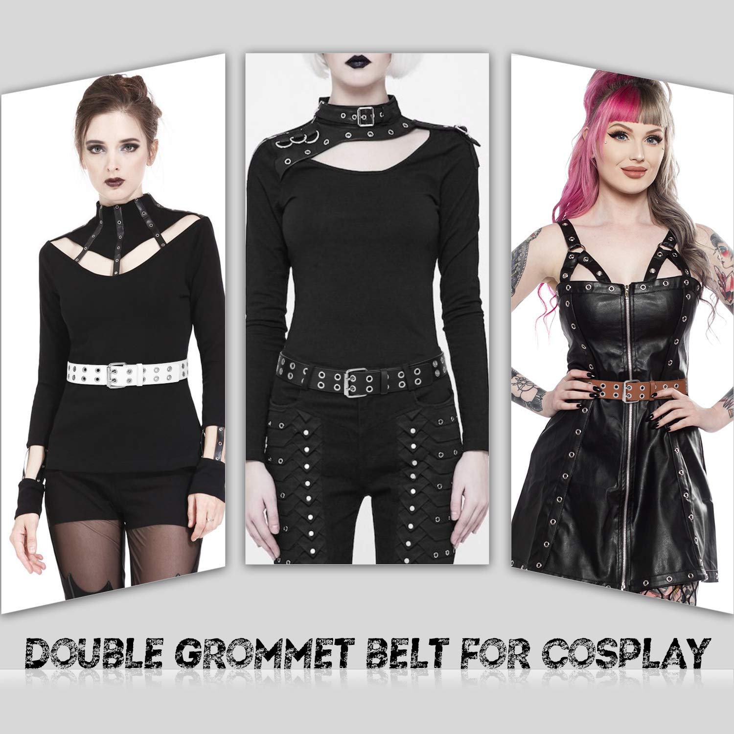 JasGood Punk pasek z nitami dla kobiet i mężczyzn, z podwójnym otworem i paskiem w stylu punkowym, Cosplay, hip-hop, spódnica, pasek do strojów gotyckich lub gotyckich