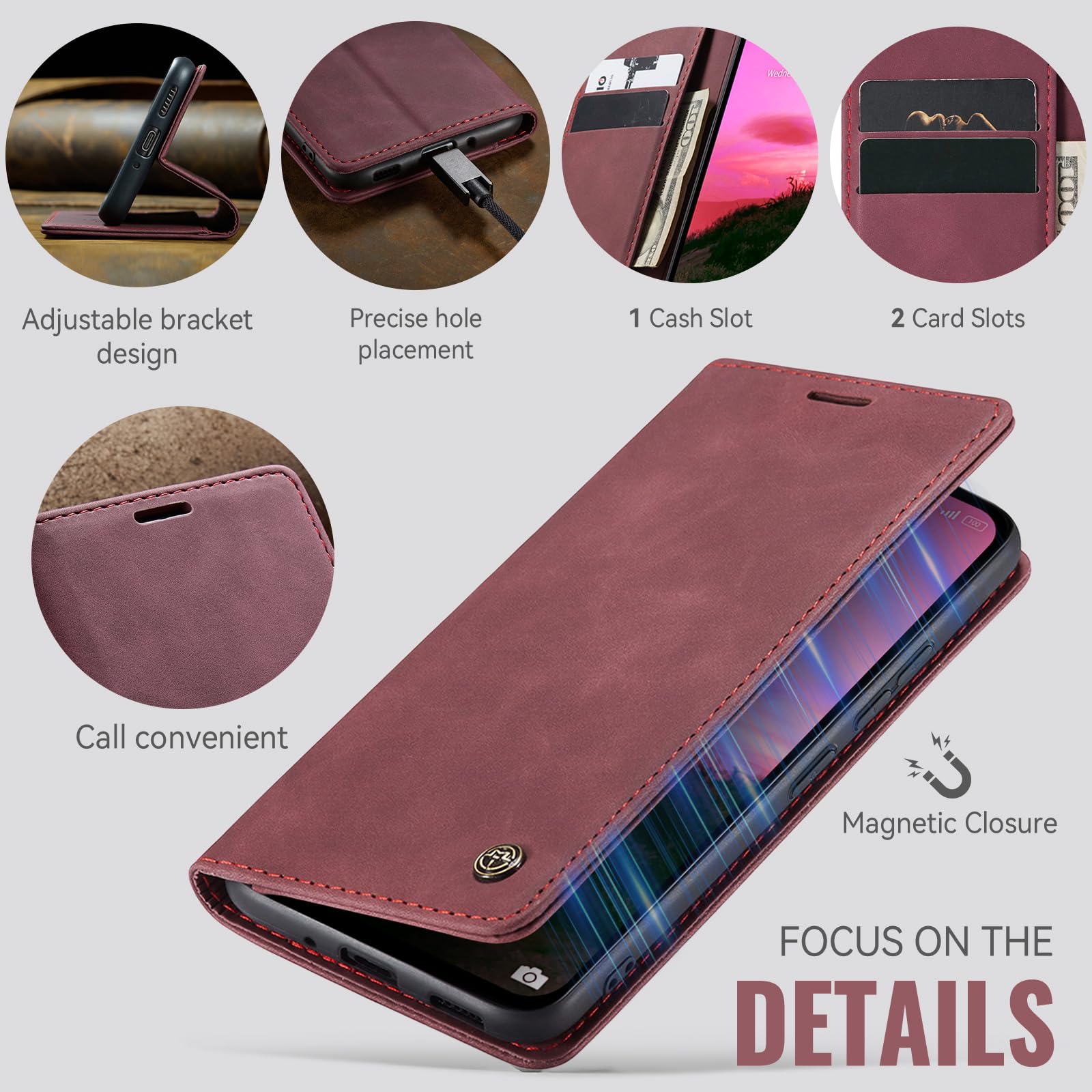 Samokor Cover per Xiaomi Redmi Note 14 4G Pelle Flip Custodia Cavalletto Portafoglio Magnetica Carta Fessura Antiurto per Xiaomi Redmi Note 14 4G,Vino Rosso