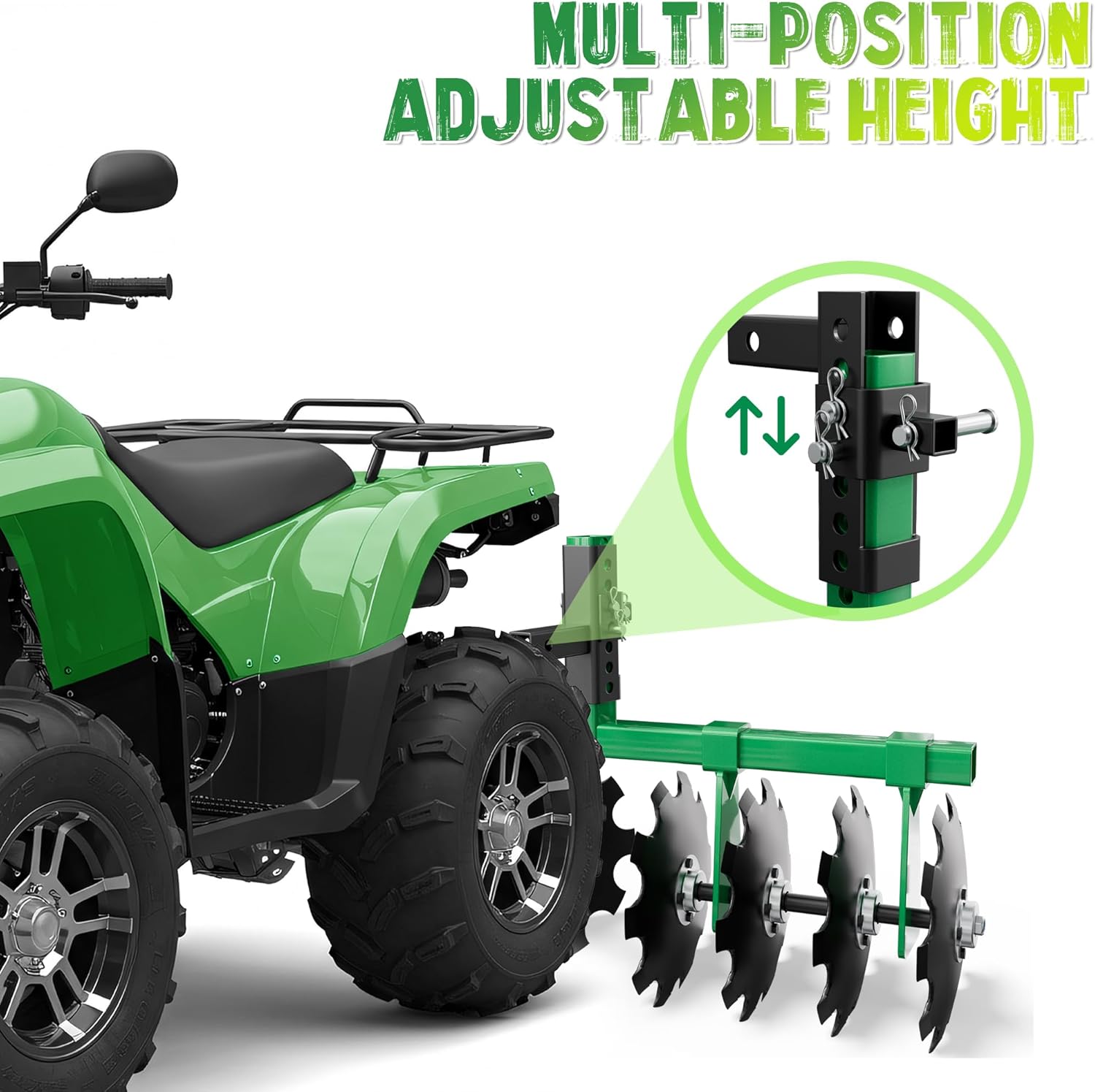 PPOLB 32" Tow-Behind Disc Plow Harrow Attachment for ATV/UTV/Garden Tractors – Fits 2" Receiver Hitch, Adjustable Height Soil Tiller with 12" Steel Discs for Ground Prep & Cultivation, Green