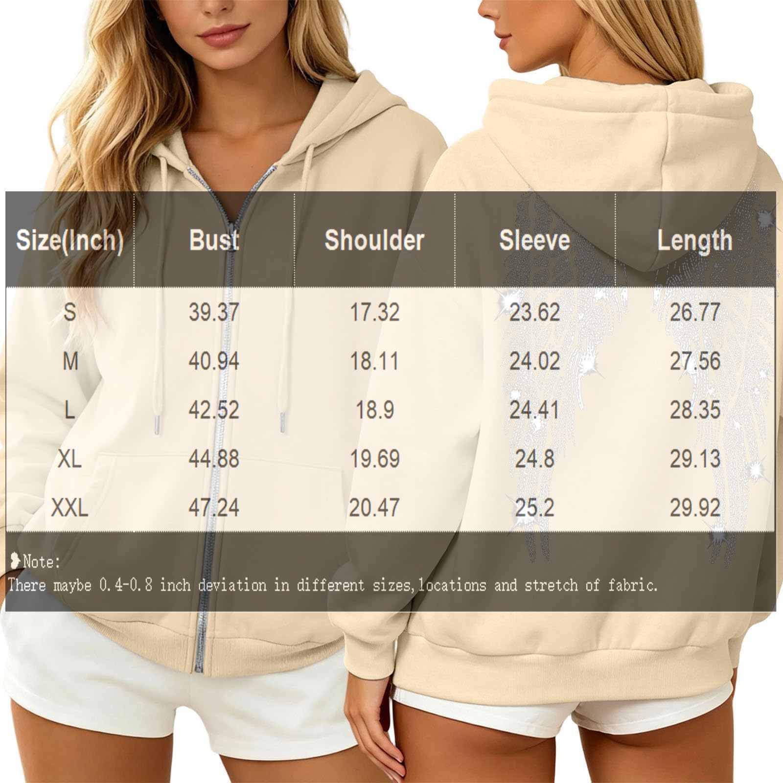 Hoodie Damen Reißverschluss Oversized Strass Flügel Motiv Taschen