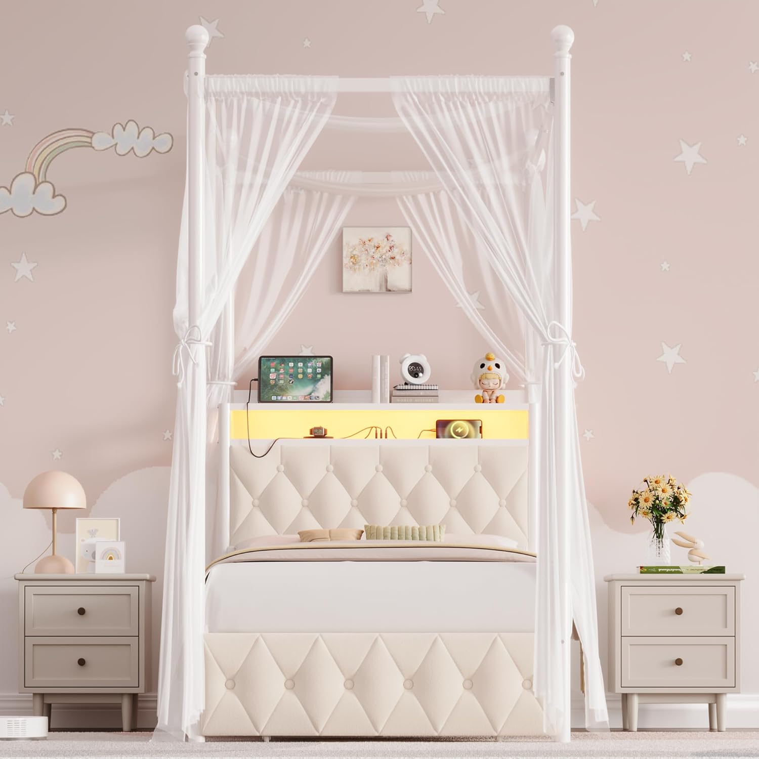 HIFIT Kids Twin Upholstered LED Canopy Bed Frame with Storage and Charging Station, Button Tufted Storage Headboard with Bookshelf, Two-Use Girls Metal Platform Bed, 4 Removable Post & 2 Drawer, Beige