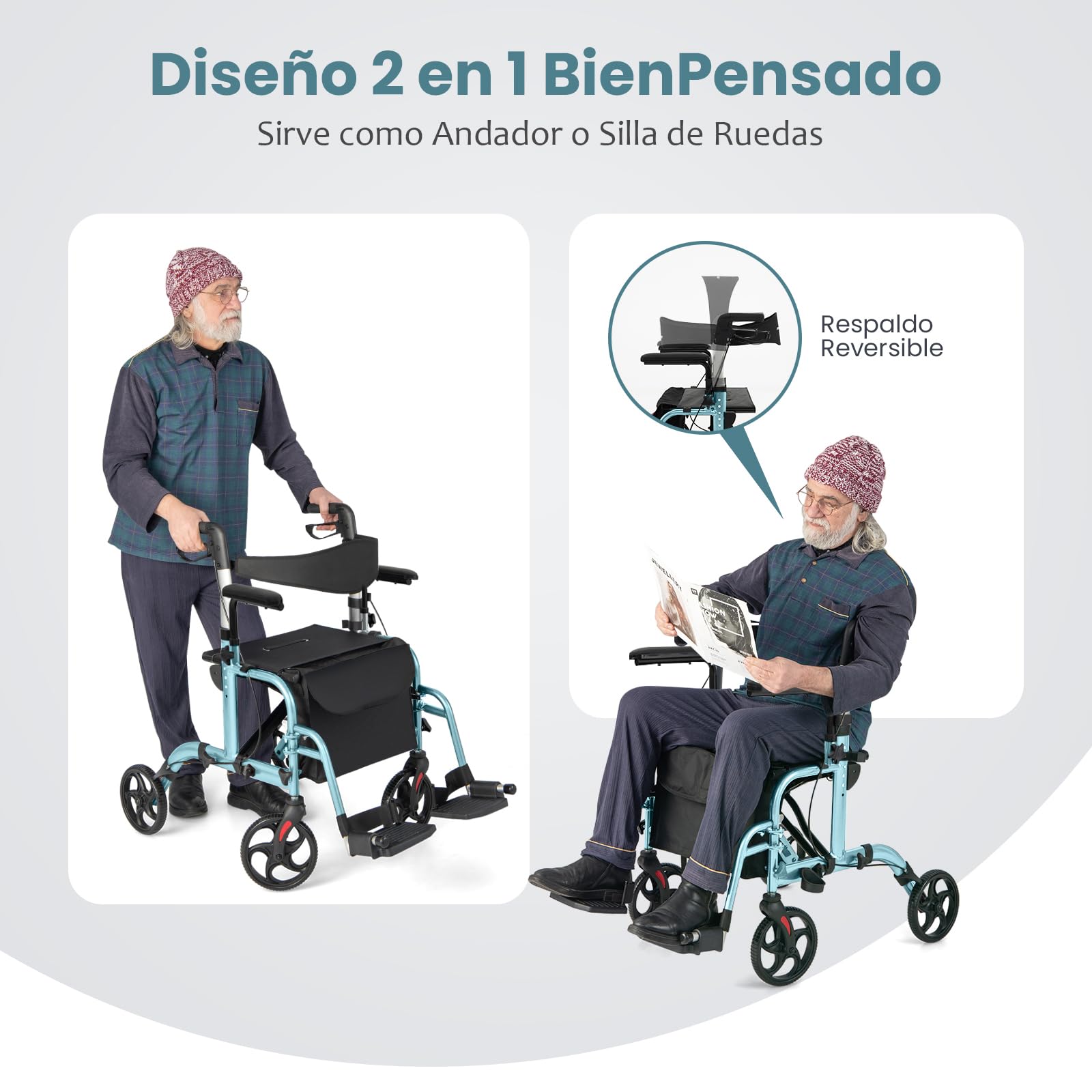 GOPLUS Andador con Ruedas de Aluminio 2 en 1, Andador Plegable con Cuatro Ruedas y Respaldo, Asas Ajustables con Frenos, Reposapiés, Soporte para Bastón, Ayudante para Personas Mayores (Azul)