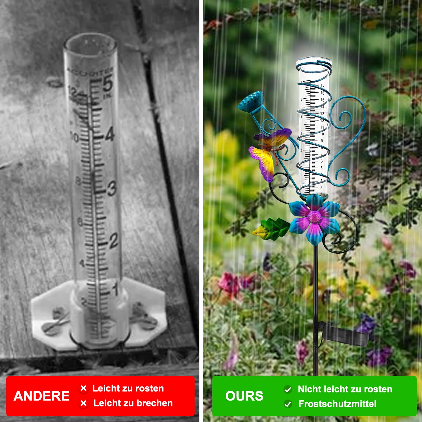 HOSPAOP Pluviomètre Solaire de Jardin avec LED et Piquet – Verre Résistant au Gel, Mesure Précise des Précipitations pour Pelouse, Terrasse, Champs, Patio, Déco Extérieure
