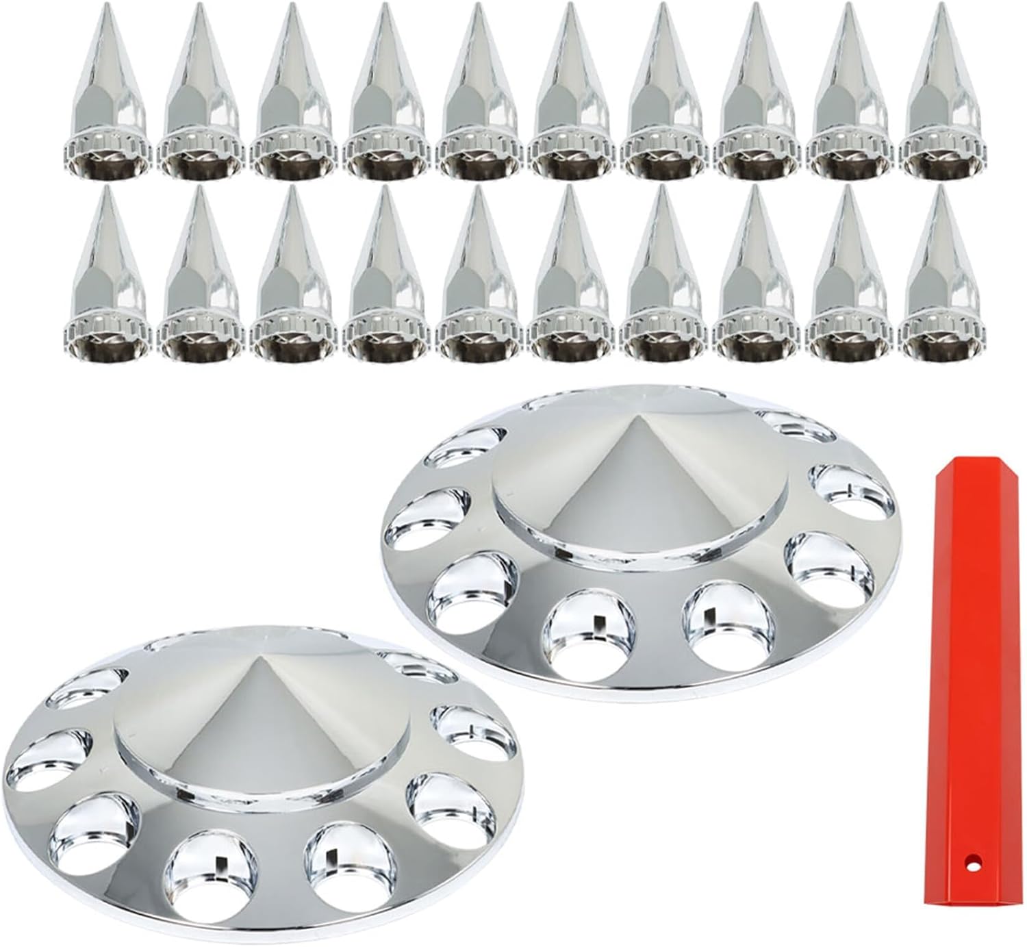 Chrome Hubcap Kit Front Wheels 33mm Spike Nuts Replacement for Semi Trucks 20 22.5 and 24.5 Wheels