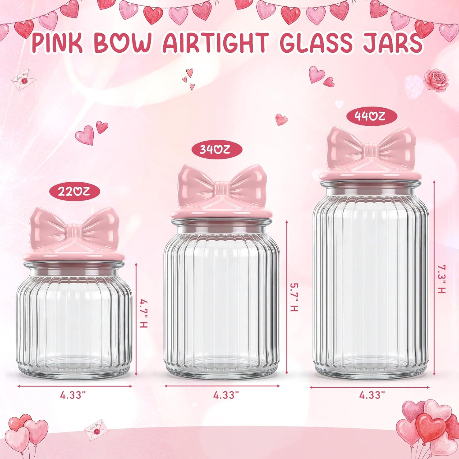 Pink Bow Candy Jars Airtight Glass Cookie Jars with Ceramic Bow Lid Cute Clear Stripes Cookie Storage Canister for Spring Summer Baby Shower Party(3 Sets,22oz,34oz,44oz)