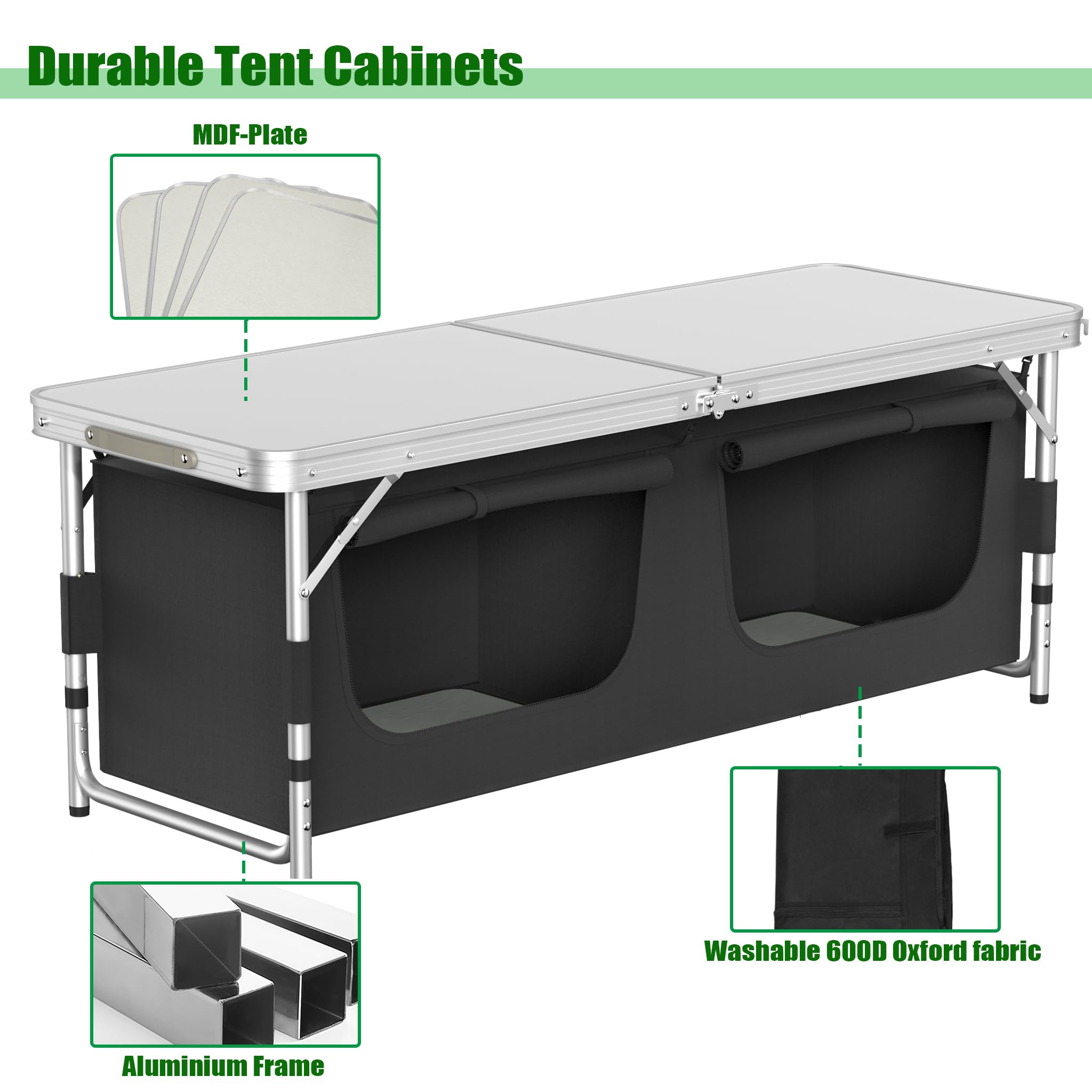 Campingschränke Outdoor Faltbare Campingküche aus Aluminiumgestell, Waschbare Oxford-Stoff & 5mm Dicke MDF Platten Mobiler Zeltschrank Küchenbox mit Tragtasche für Reise Strand Camping