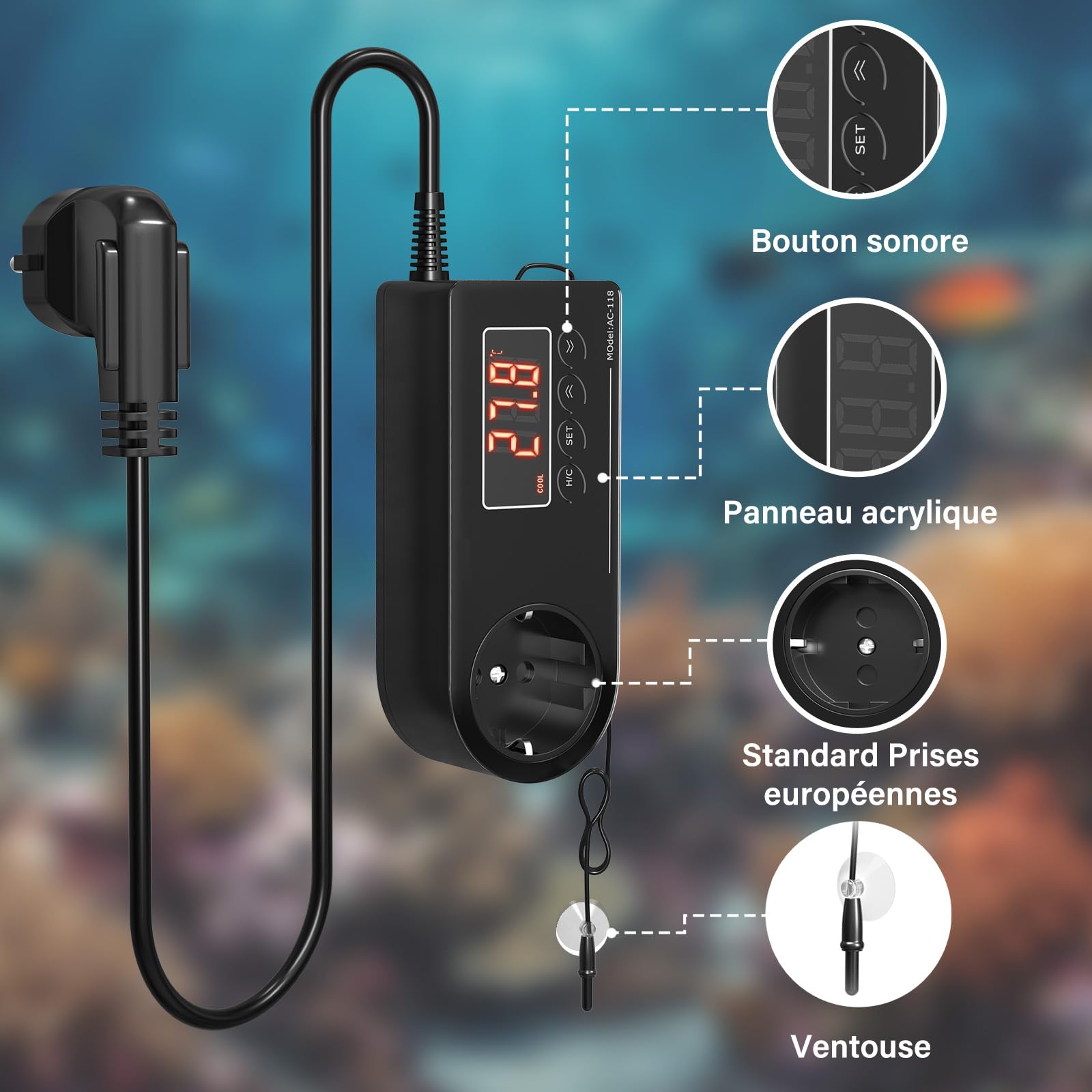 GlowUp Thermostat Terrarium 220V Prise Thermostat EU Plug Prise Thermostat avec Sonde Prise de Contrôle de Température pour Serre, Reptiles, Aquarium, Incubateur, Etc (1Pcs)