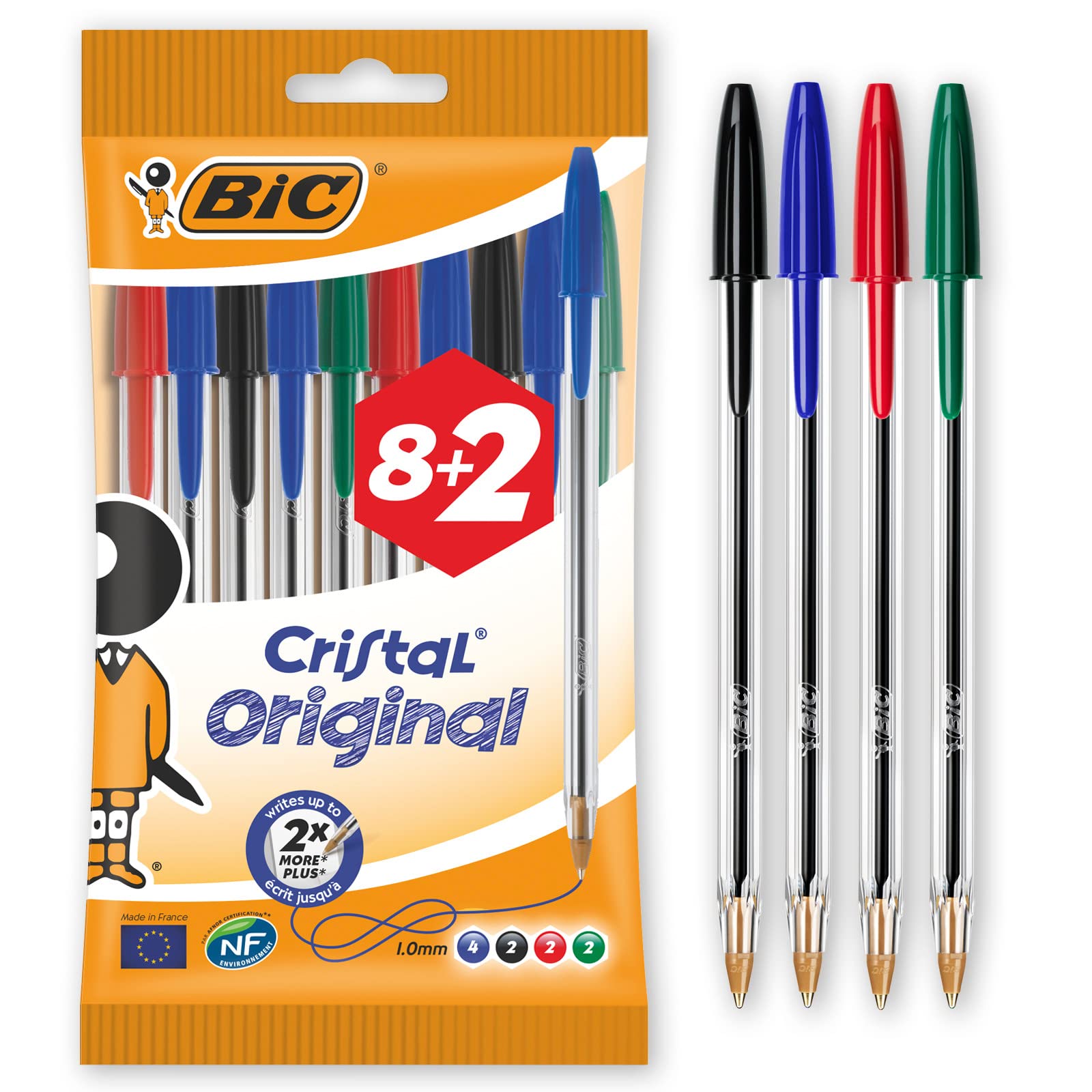 BIC Cristal Original Bolígrafos Punta Media (1,0 mm) – Colores Surtidos, Blíster de 8+2, para escritura suave, certificados con etiqueta ecológica