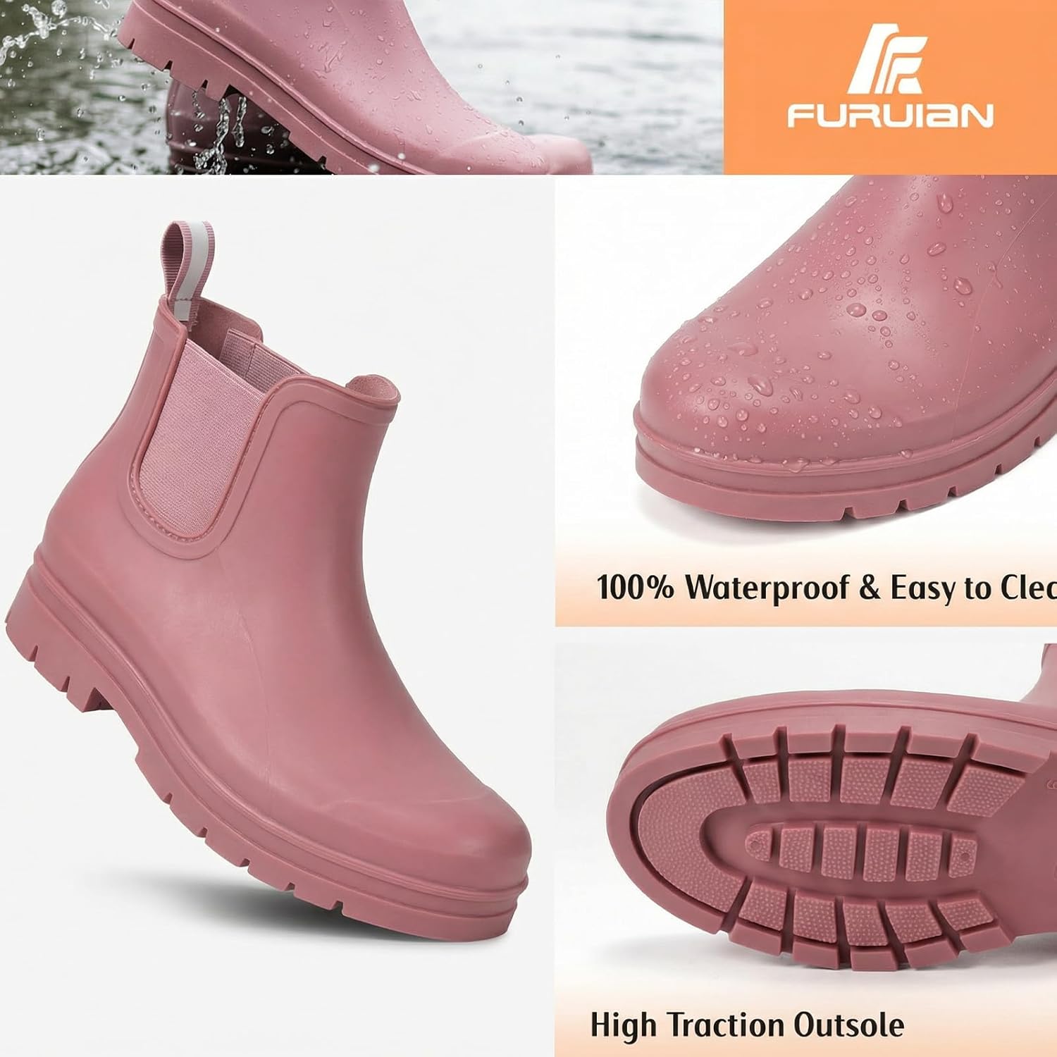 Furuian Women's Ankle Rain Boots Waterproof Chelsea Rain Boots Rubber Boots Women Short Garden Boots Anti Slip Outdoor Lightweight Work Booties - Image 3