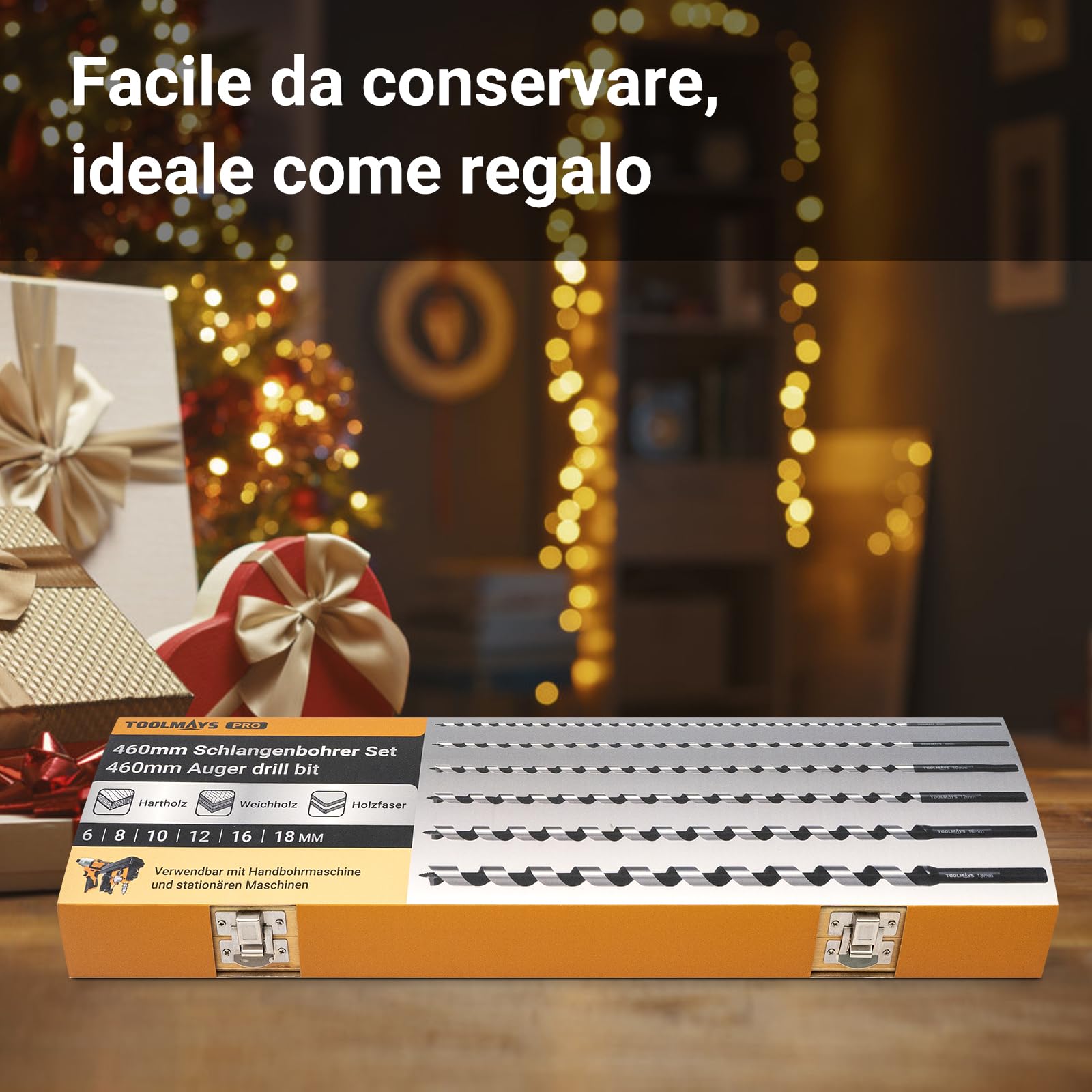 Set 6 Punte Trapano Legno Esagonale Ø 6–18 x 460 mm Lunghe | Auger Bit in Acciaio Al Carbonio con Custodia, Punta di Diametro 6/8/10/12/16/18 mm per Legno Morbido e Duro
