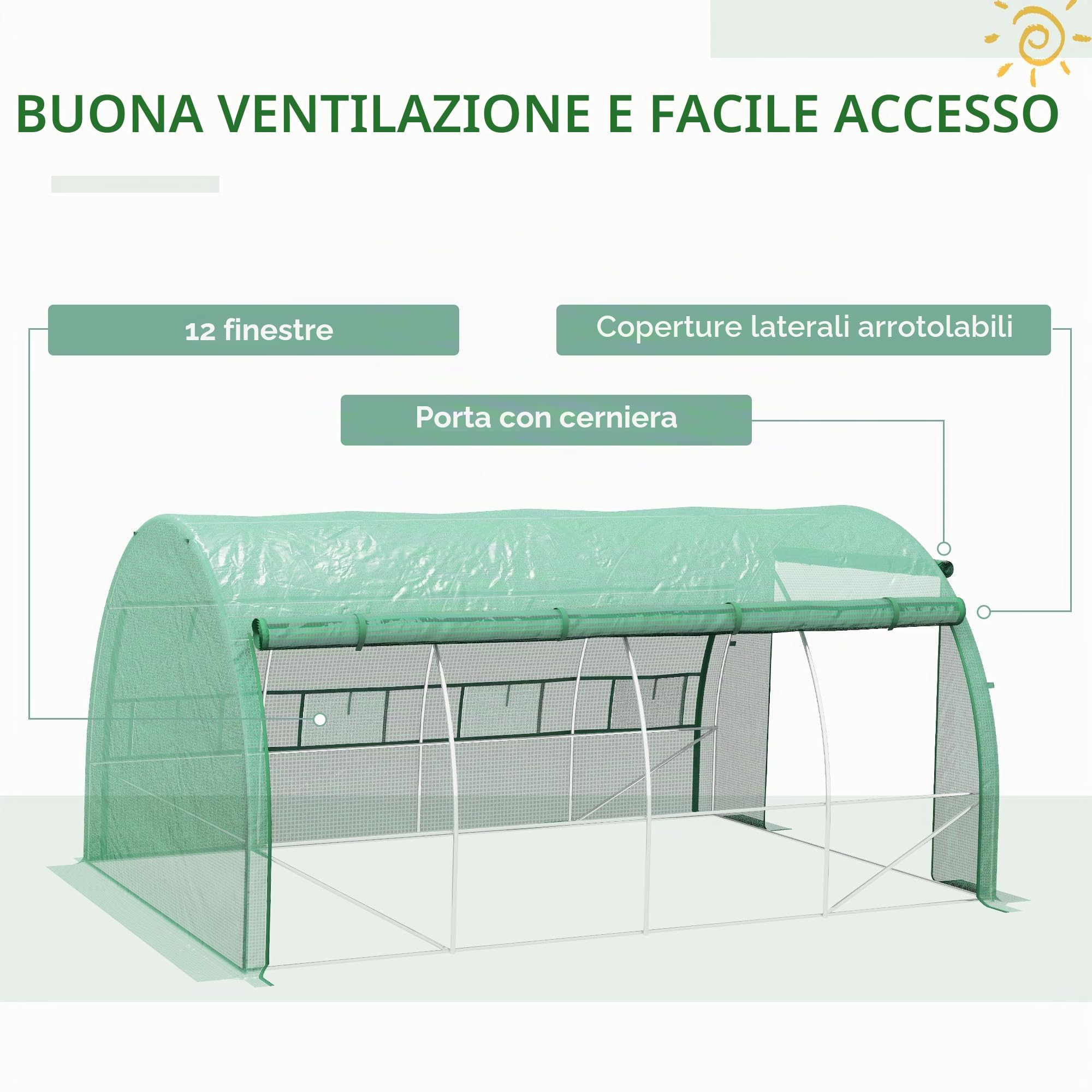 Outsunny Serra tunnel 4 x 3 x 2 m con pareti laterali arrotolabili Verde | Tenda serra walk-in, telaio acciaio, copertura rinforzata, porta cerniera, 8 finestre a rete, per giardino