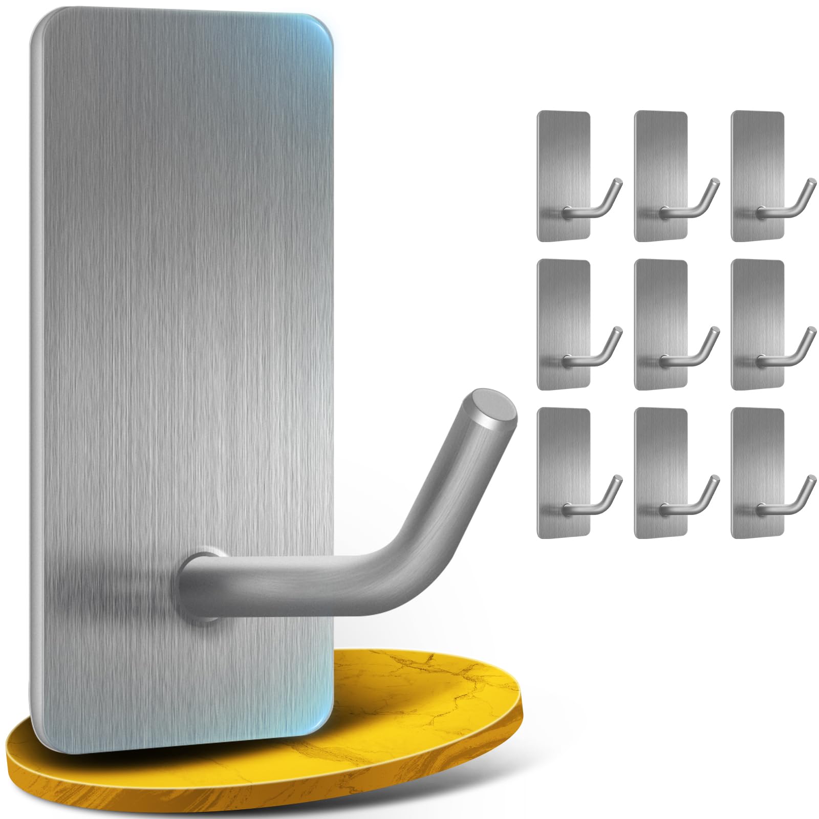 10 Pack Self Adhesive Hooks, 304 Stainless Steel Stick on Hooks Heavy Duty, Hooks for Hanging-Over 10kg Load, Sticky Hooks for Towel, Coat, Key, Ideal Accessories for Bathroom, Kitchen, Door and Wall