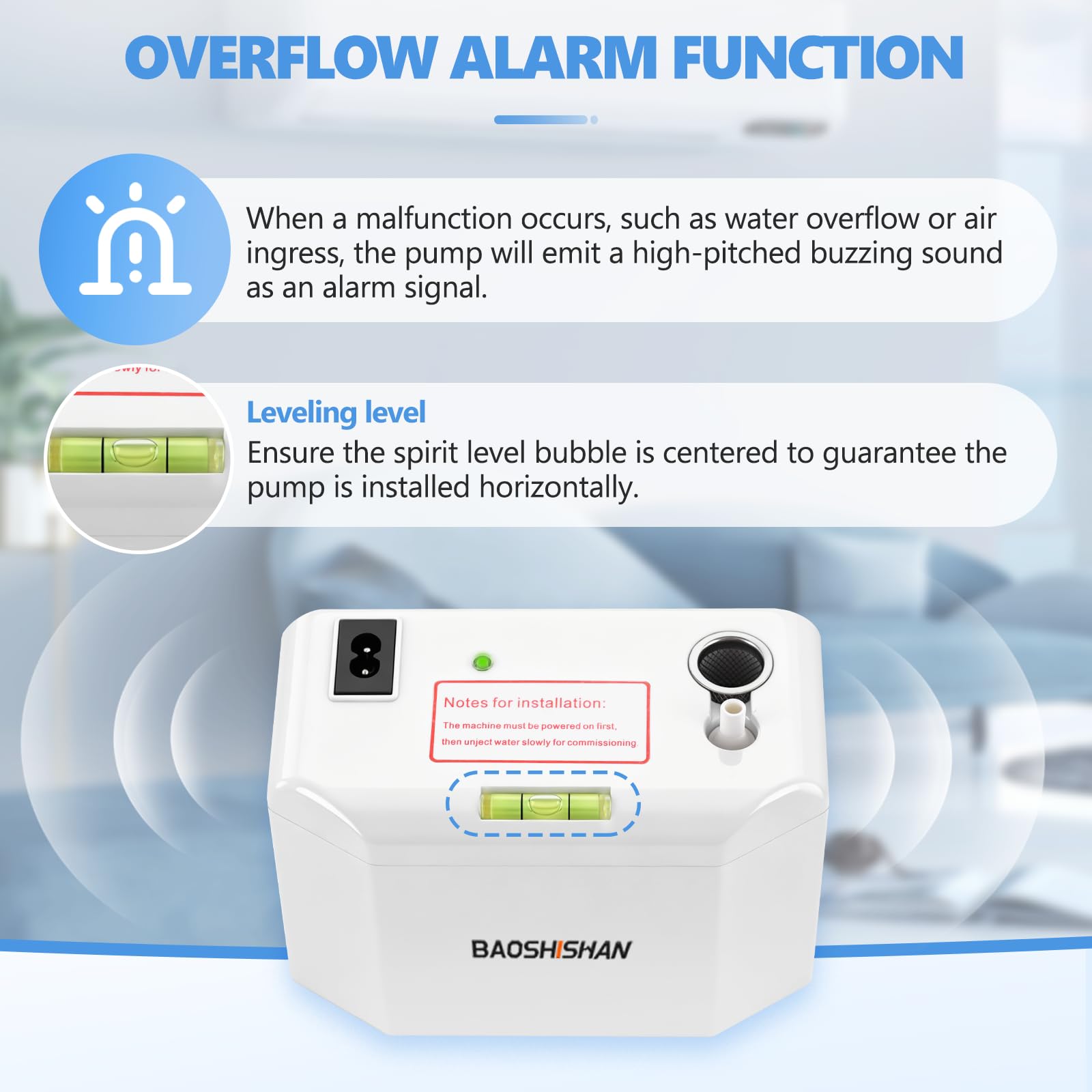 BAOSHISHAN Pompe à condensat 24L/H Système de relevage de condensat avec alarme de débordement, Pompe à condensat pour les systèmes de climatisation de puissance 8 kW