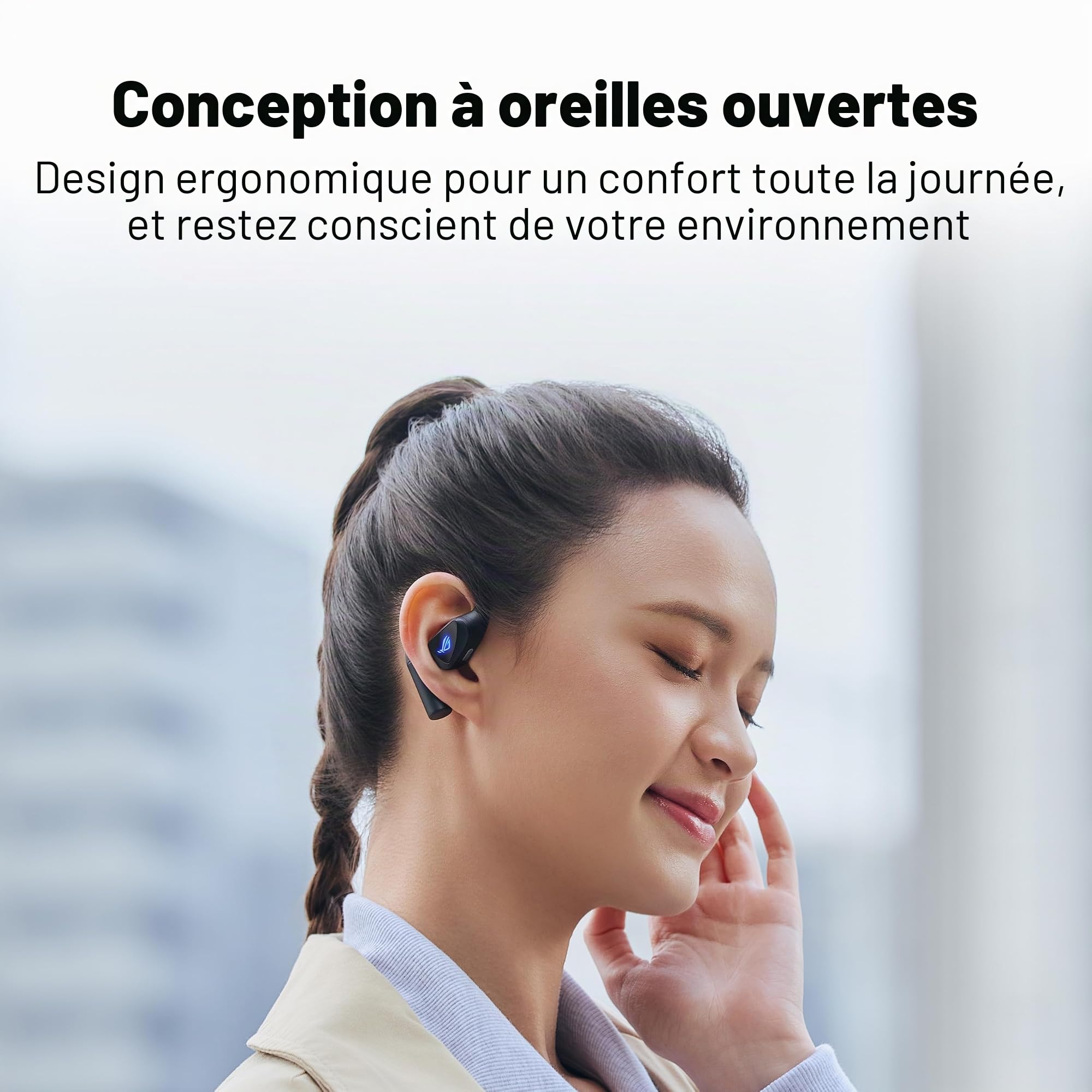 ASUS - ROG Cetra Open Wireless - Écouteurs Gaming sans-Fil, Haut-parleurs avec revêtement DLC, Modes Audio personnalisés, Quatre micros à réduction de Bruit par IA, 16 Heures d'autonomie,
