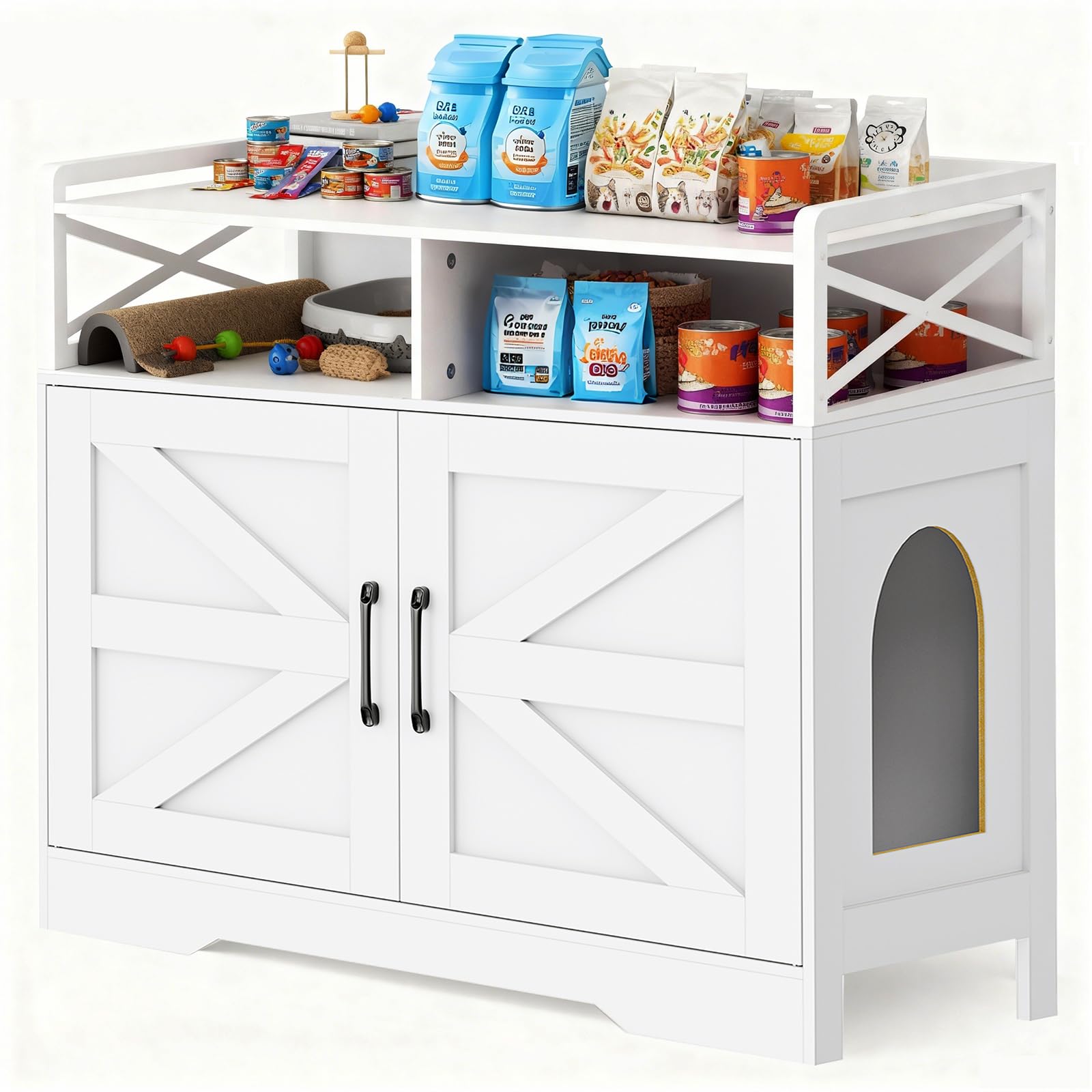 Cat Litter Box Enclosure Furniture - Hidden Litter Box Cabinet with Scratch Pad & Odor Control | Farmhouse Style End Table for Cats | Discreet Cat Washroom for Living Room & Bedroom White