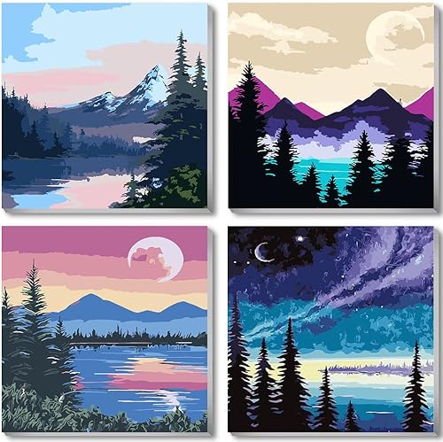 Kit de pintura por números, pintura por números para adultos, lienzo con marco, pintura acrílica fácil de hacer por números, paquete de 4 pinturas